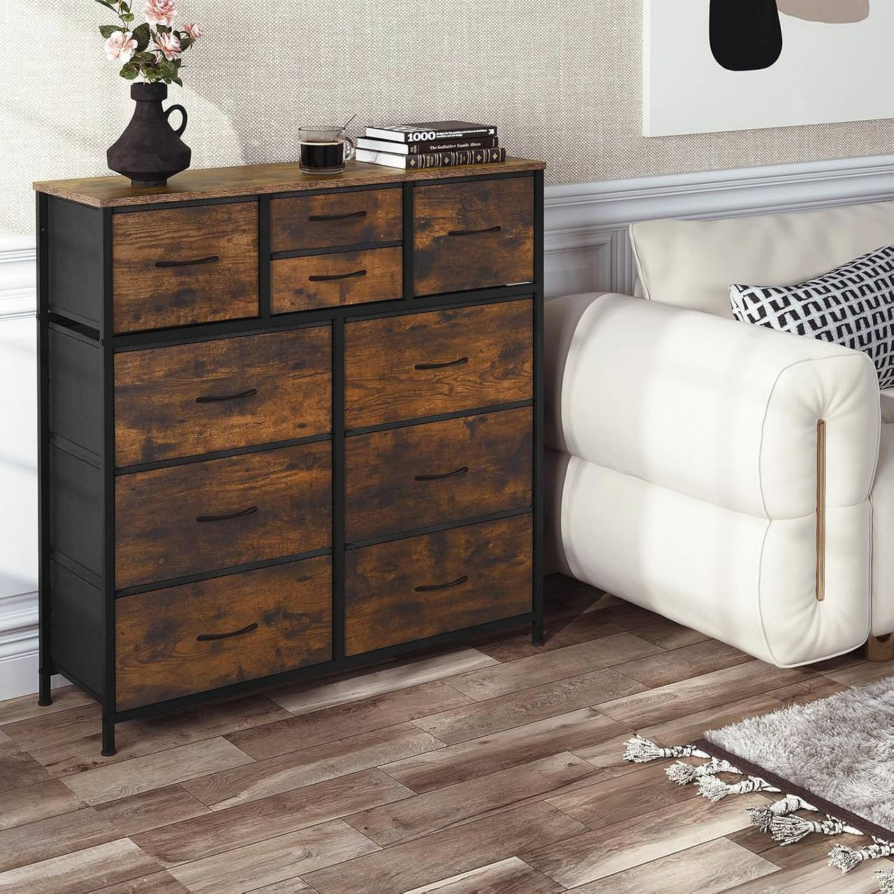 24goodz Vintage Brown Fabric Drawer Cabinet - Ideal Storage Solution - Sturdy Construction - E1 Wood Material - For Home - 100 x 100.5 x 30 cm