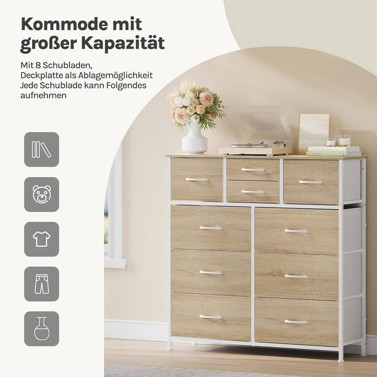 24goodz Vintage Drawer Cabinet with 10 Fabric Drawers - Sturdy Metal Frame - E1 Wood Material - For Home Organization - Light Oak + White