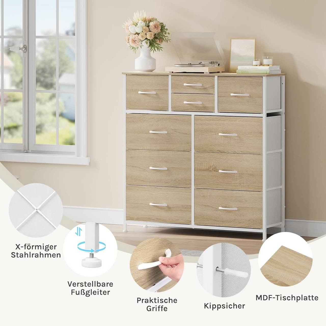 24goodz Vintage Drawer Cabinet with 10 Fabric Drawers - Sturdy Metal Frame - E1 Wood Material - For Home Organization - Light Oak + White