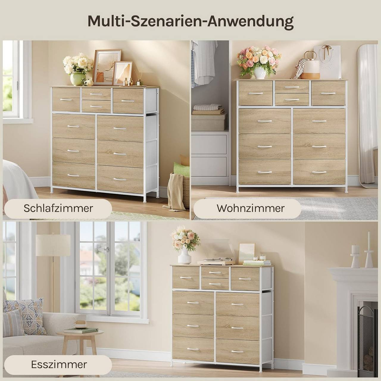 24goodz Vintage Drawer Cabinet with 10 Fabric Drawers - Sturdy Metal Frame - E1 Wood Material - For Home Organization - Light Oak + White