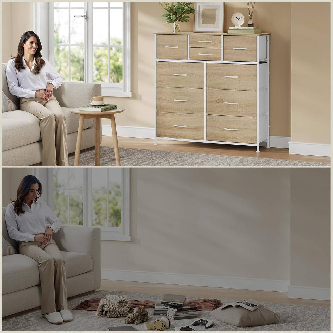 24goodz Vintage Drawer Cabinet with 10 Fabric Drawers - Sturdy Metal Frame - E1 Wood Material - For Home Organization - Light Oak + White