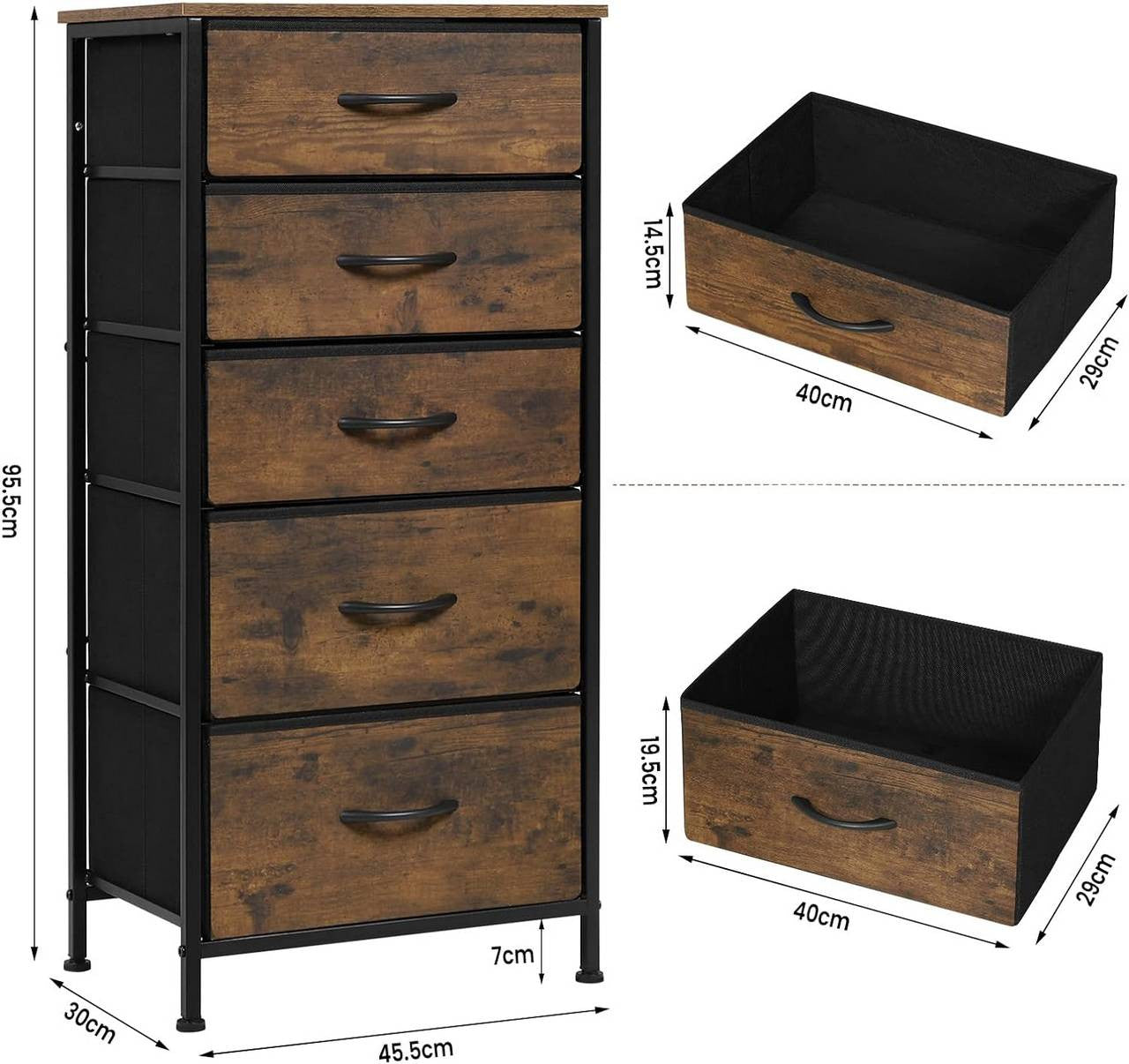 24goodz Vintage 5-Drawer Dresser - Stylish Storage Solution - Durable MDF and Metal Frame - For Every Room - 45.5 x 95.5 x 30 cm