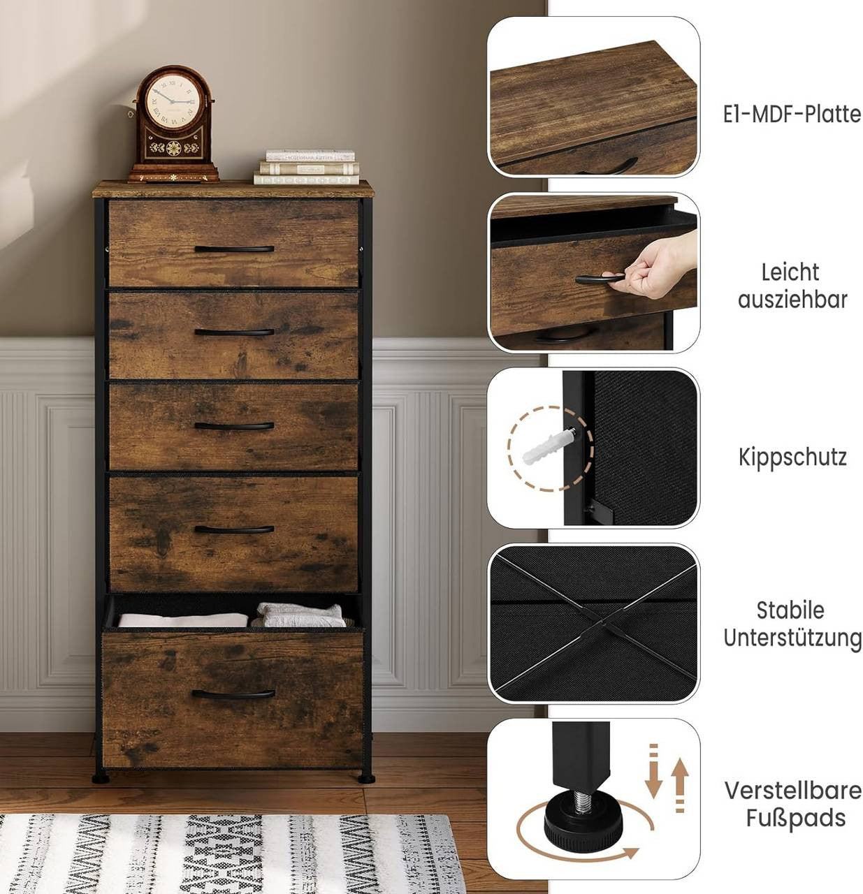 24goodz Vintage 5-Drawer Dresser - Stylish Storage Solution - Durable MDF and Metal Frame - For Every Room - 45.5 x 95.5 x 30 cm