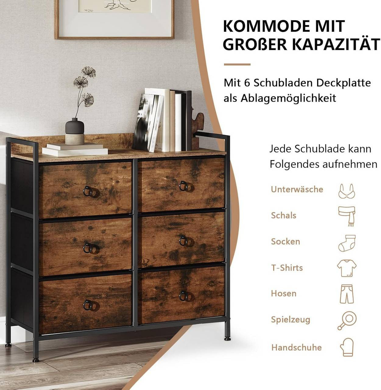 24goodz Vintage Brown Drawer Cabinet with 6 Fabric Drawers - Stylish Storage Solution - Metal Frame - For All Rooms - 80 x 78 x 29 cm