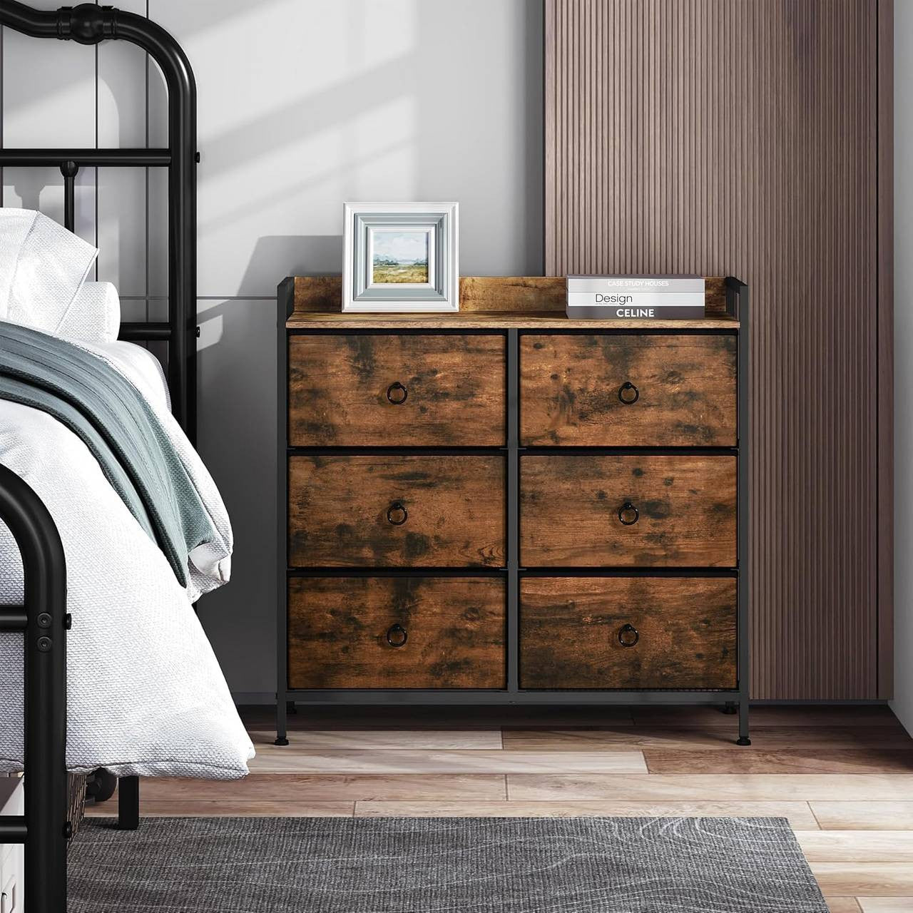 24goodz Vintage Brown Drawer Cabinet with 6 Fabric Drawers - Stylish Storage Solution - Metal Frame - For All Rooms - 80 x 78 x 29 cm