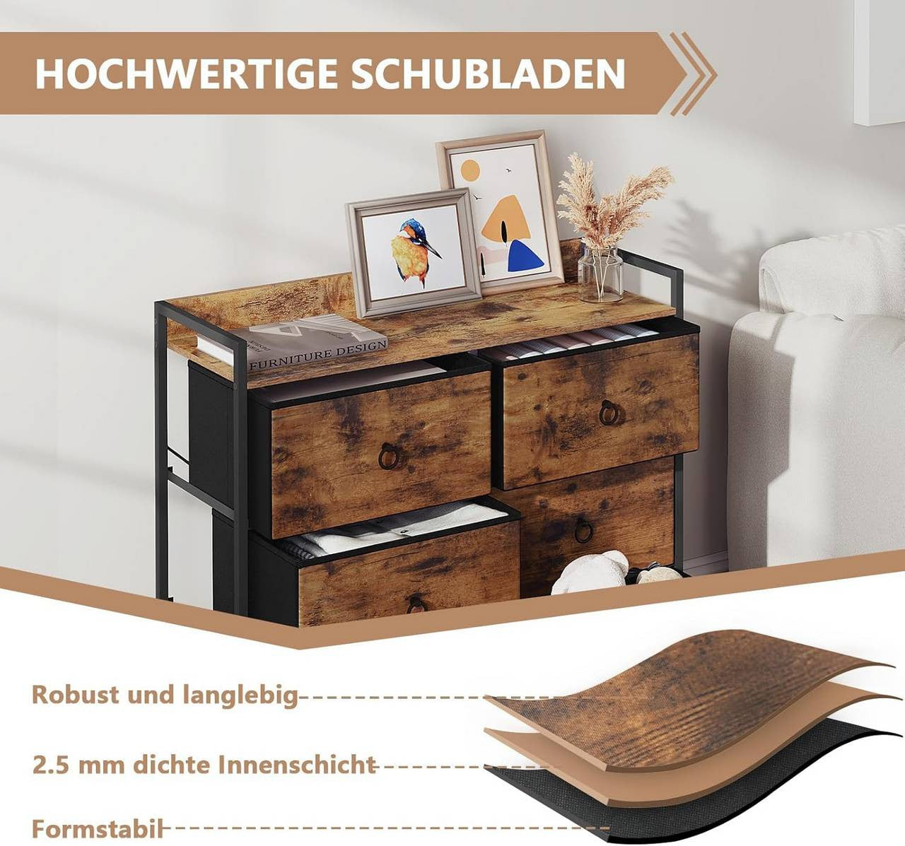 24goodz Vintage Brown Drawer Cabinet with 6 Fabric Drawers - Stylish Storage Solution - Metal Frame - For All Rooms - 80 x 78 x 29 cm