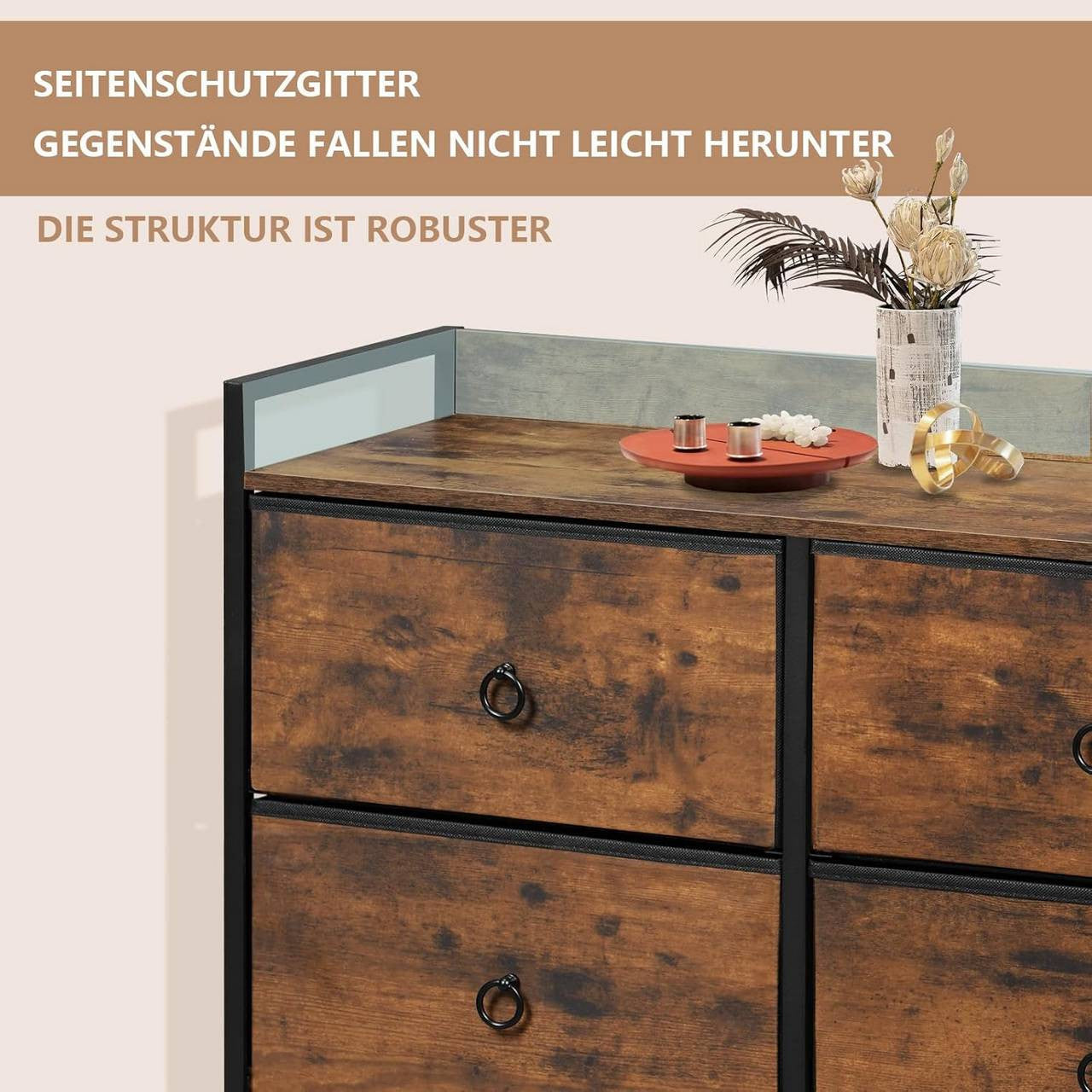 24goodz Vintage Brown Drawer Cabinet with 6 Fabric Drawers - Stylish Storage Solution - Metal Frame - For All Rooms - 80 x 78 x 29 cm