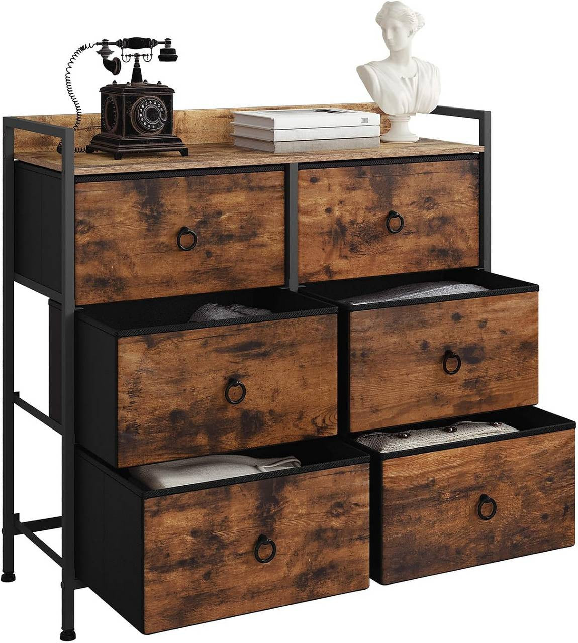 24goodz Vintage Brown Drawer Cabinet with 6 Fabric Drawers - Stylish Storage Solution - Metal Frame - For All Rooms - 80 x 78 x 29 cm