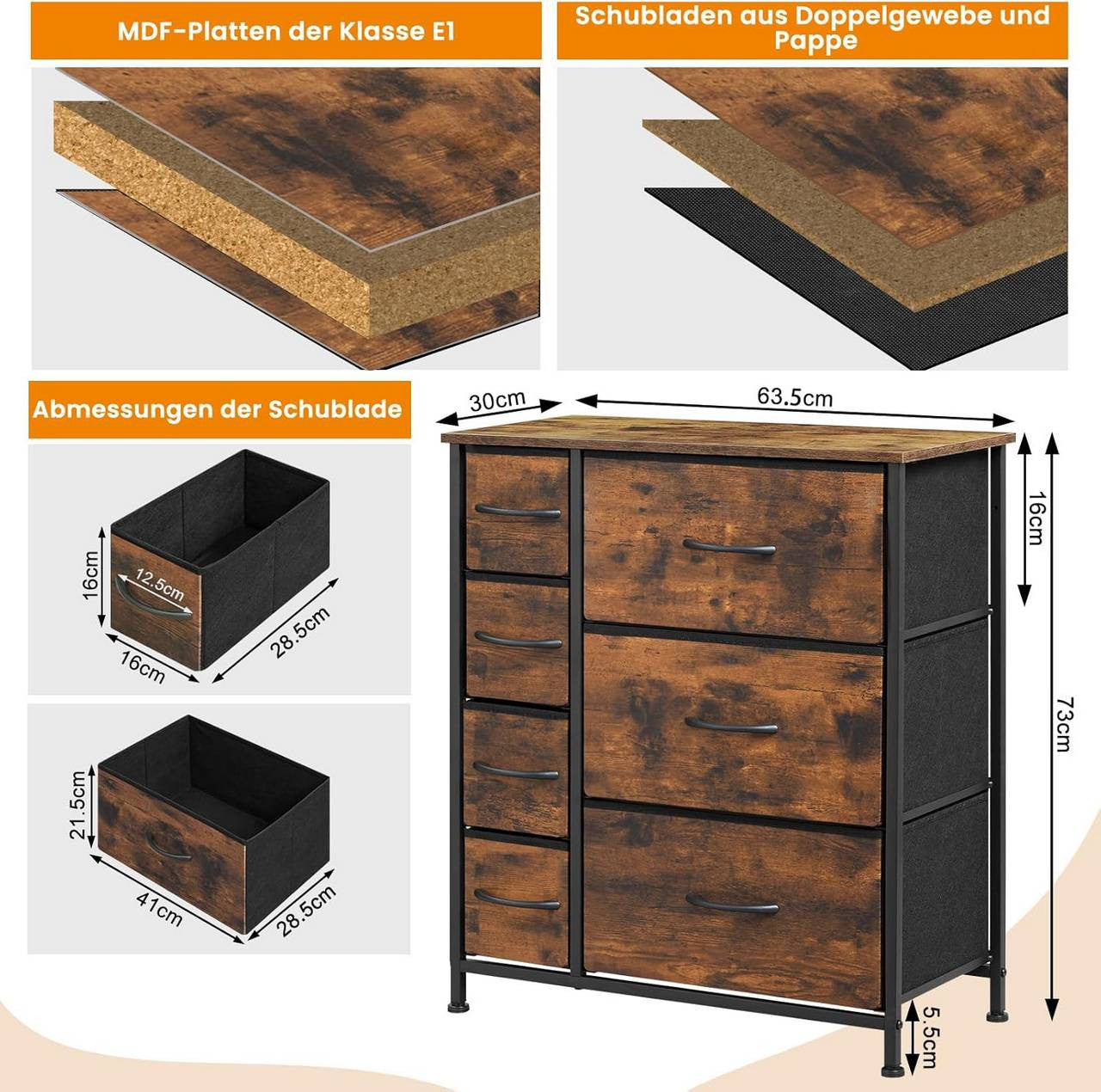 24goodz Vintage Fabric Drawer Cabinet - Ample Storage Space - Sturdy Metal Frame - E1 Wood - For Home Organization - Vintage Brown + Black