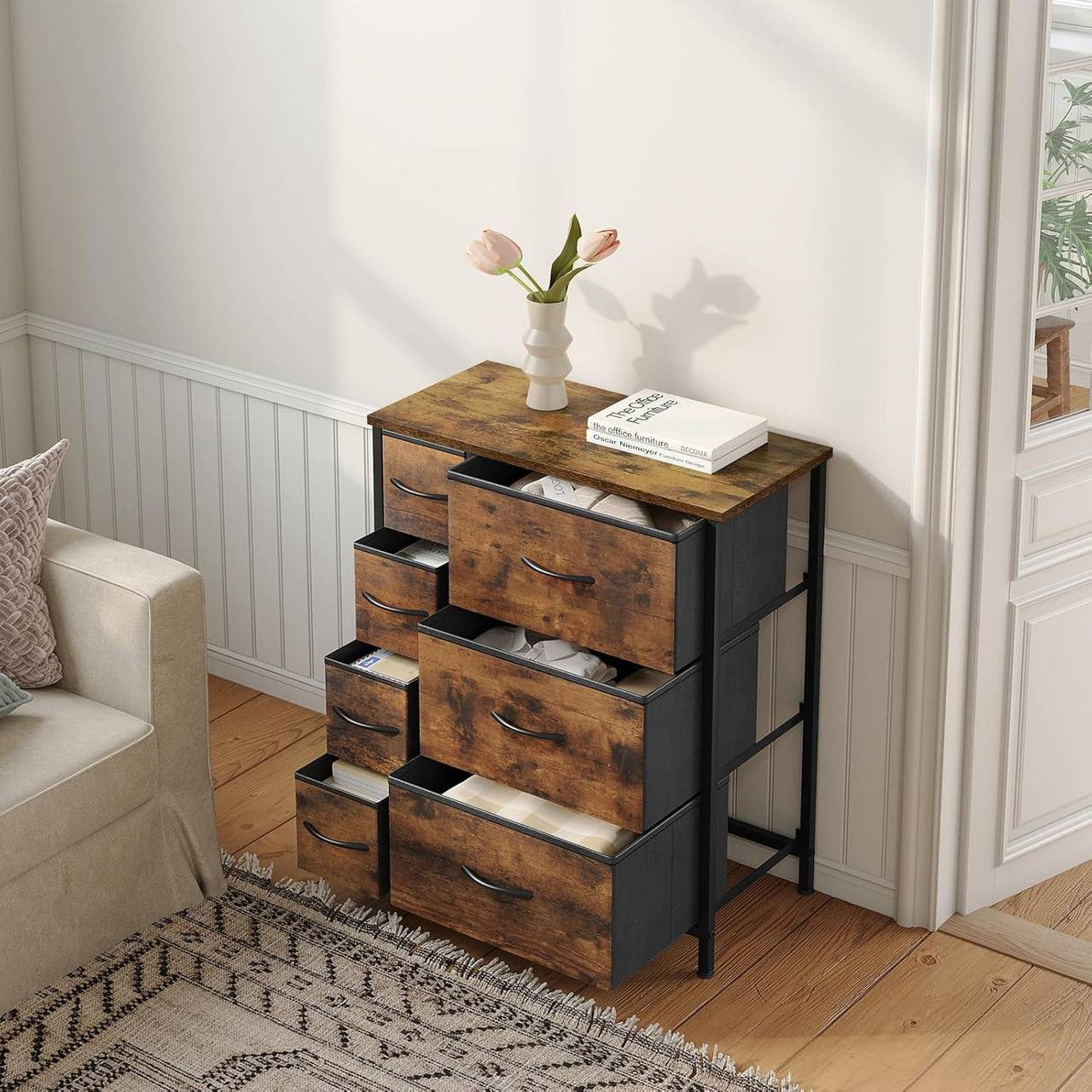 24goodz Vintage Fabric Drawer Cabinet - Ample Storage Space - Sturdy Metal Frame - E1 Wood - For Home Organization - Vintage Brown + Black