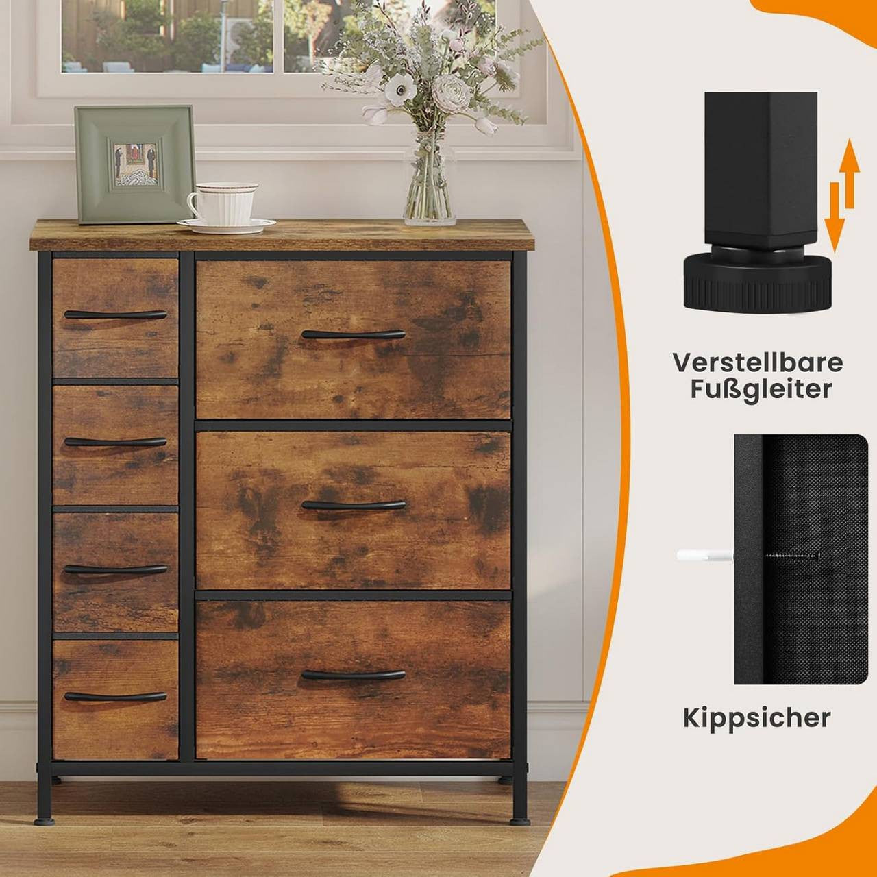 24goodz Vintage Fabric Drawer Cabinet - Ample Storage Space - Sturdy Metal Frame - E1 Wood - For Home Organization - Vintage Brown + Black