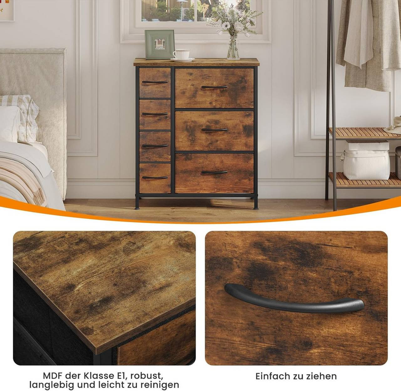 24goodz Vintage Fabric Drawer Cabinet - Ample Storage Space - Sturdy Metal Frame - E1 Wood - For Home Organization - Vintage Brown + Black