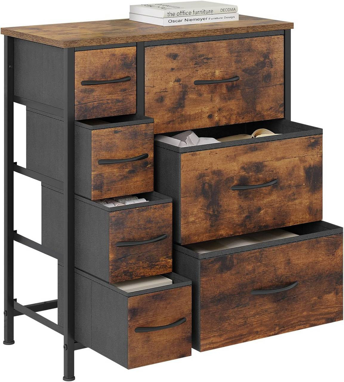 24goodz Vintage Fabric Drawer Cabinet - Ample Storage Space - Sturdy Metal Frame - E1 Wood - For Home Organization - Vintage Brown + Black