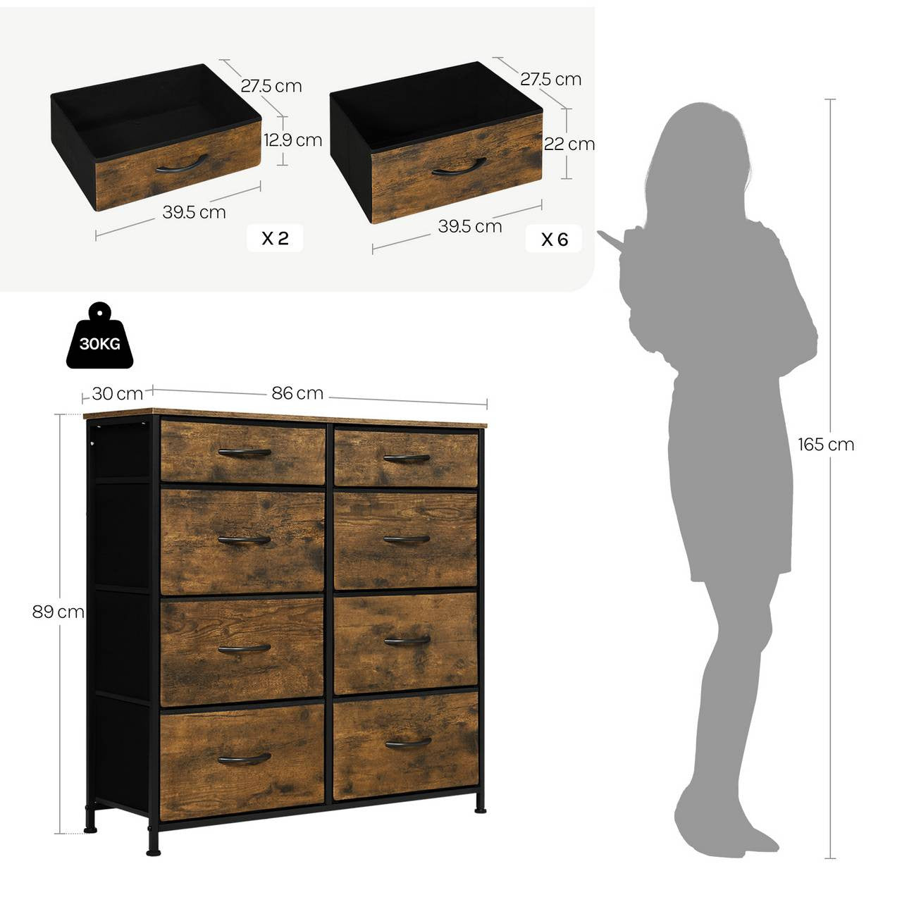 24goodz Vintage Wooden Look Drawer Cabinet - Lightweight and Sturdy - E1 Wood and Metal - For Home Organization - Vintage Wood Look + Black - 86x98x30 cm