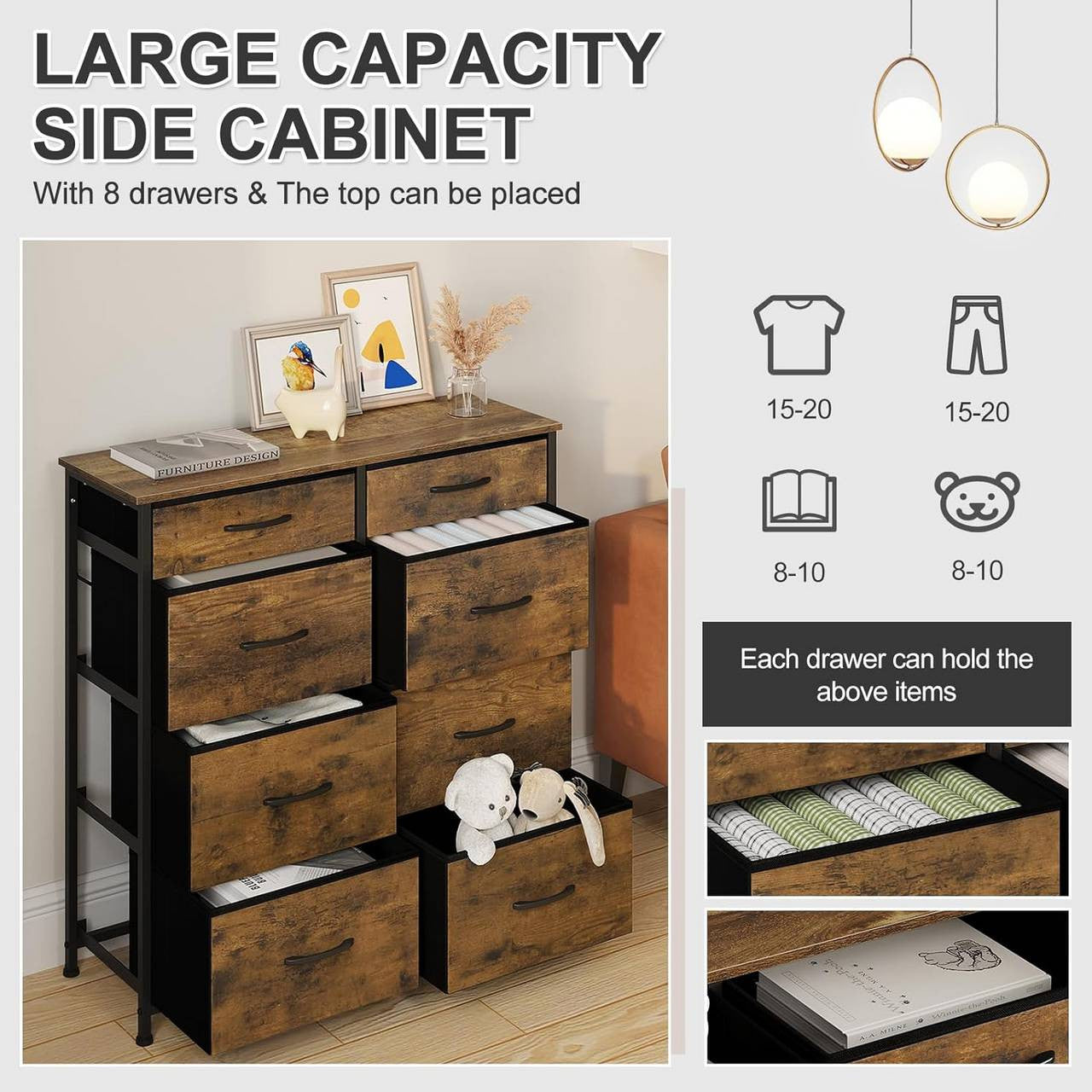 24goodz Vintage Wooden Look Drawer Cabinet - Lightweight and Sturdy - E1 Wood and Metal - For Home Organization - Vintage Wood Look + Black - 86x98x30 cm