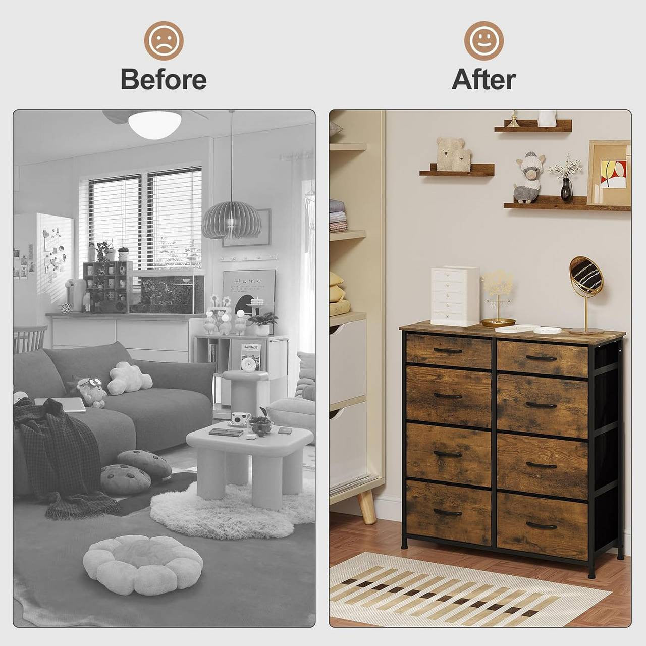 24goodz Vintage Wooden Look Drawer Cabinet - Lightweight and Sturdy - E1 Wood and Metal - For Home Organization - Vintage Wood Look + Black - 86x98x30 cm