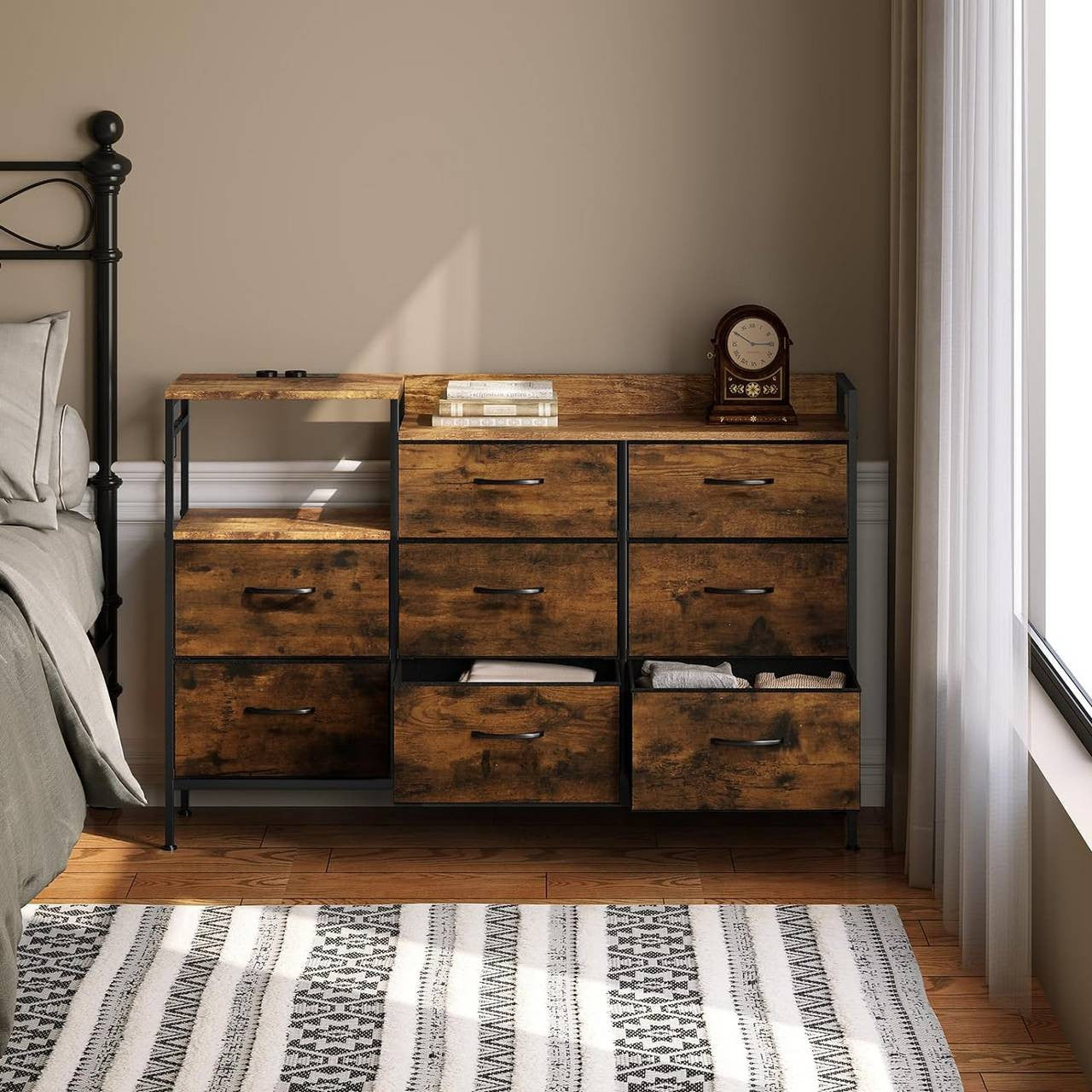 24goodz Vintage Drawer Cabinet with 8 Drawers - Versatile Storage Solutions - Durable E1 Wood and Metal - For Living Room or Bedroom - Vintage Wood Look + Black