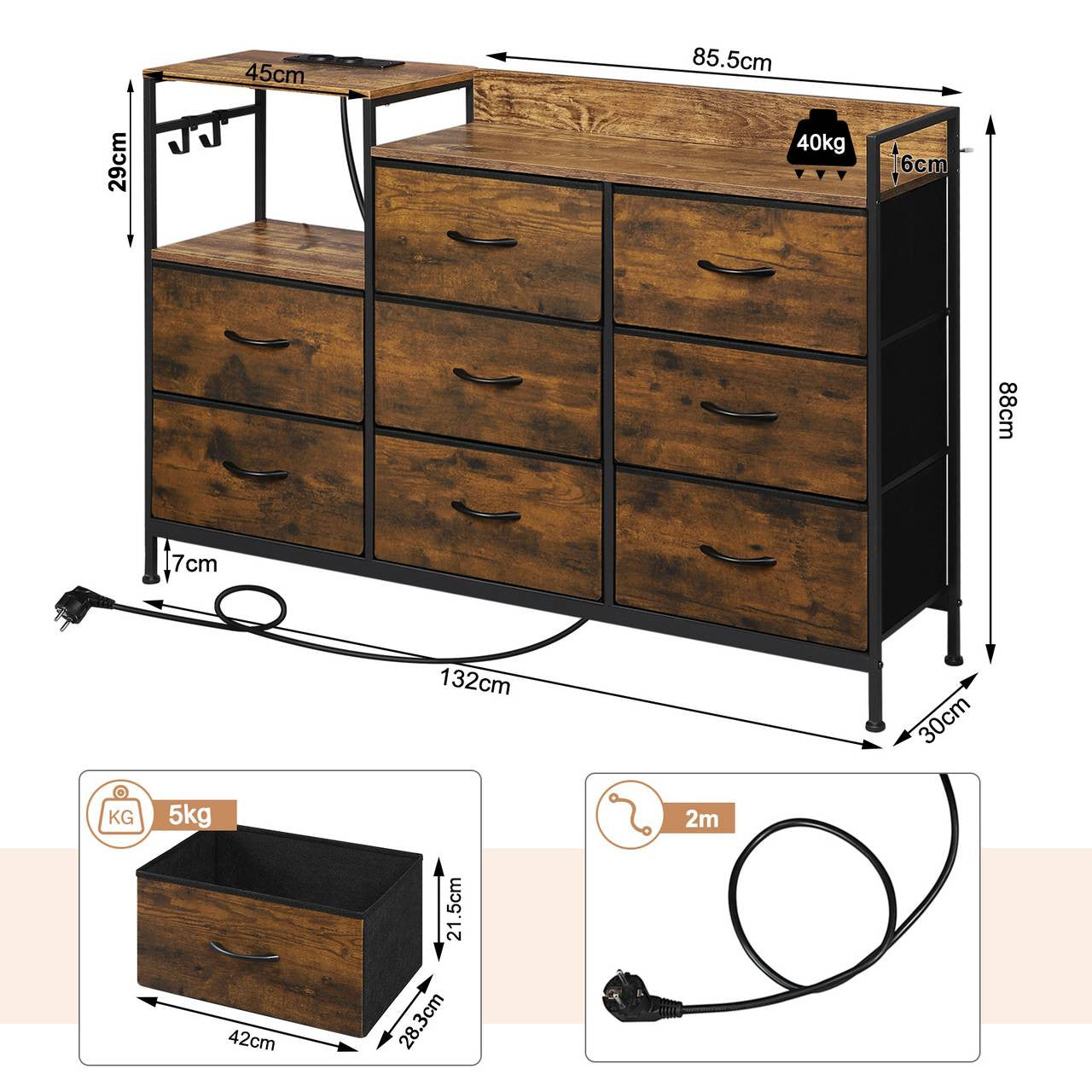 24goodz Vintage Drawer Cabinet with 8 Drawers - Versatile Storage Solutions - Durable E1 Wood and Metal - For Living Room or Bedroom - Vintage Wood Look + Black