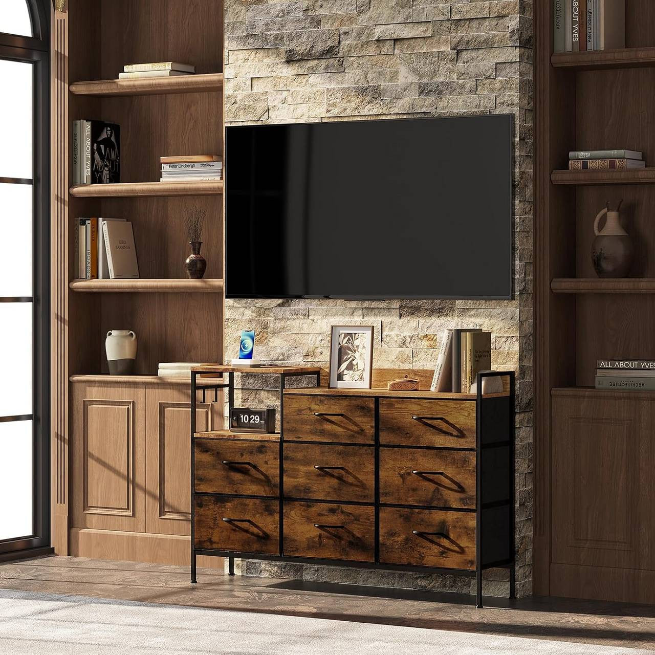 24goodz Vintage Drawer Cabinet with 8 Drawers - Versatile Storage Solutions - Durable E1 Wood and Metal - For Living Room or Bedroom - Vintage Wood Look + Black