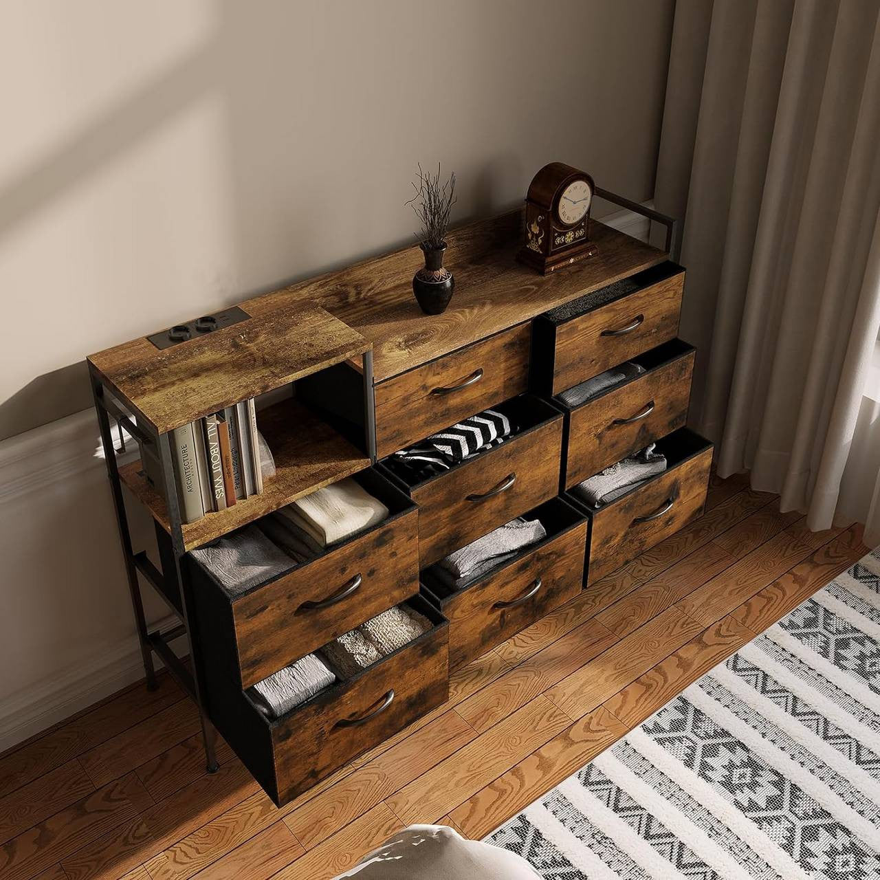 24goodz Vintage Drawer Cabinet with 8 Drawers - Versatile Storage Solutions - Durable E1 Wood and Metal - For Living Room or Bedroom - Vintage Wood Look + Black