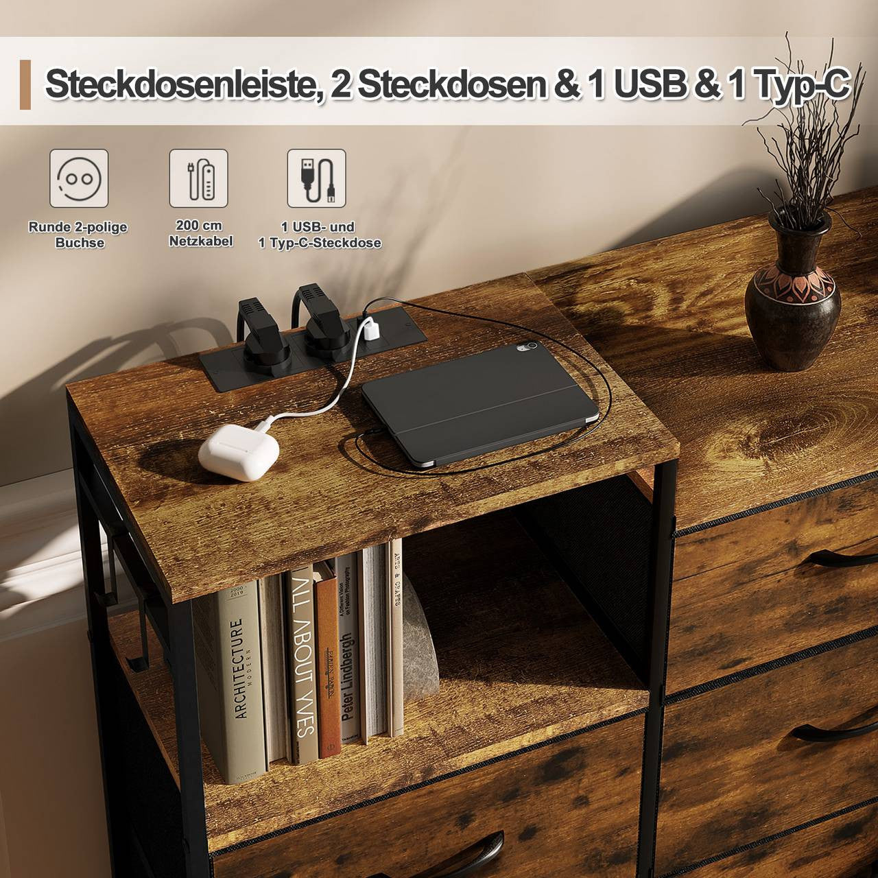 24goodz Vintage Drawer Cabinet with 8 Drawers - Versatile Storage Solutions - Durable E1 Wood and Metal - For Living Room or Bedroom - Vintage Wood Look + Black