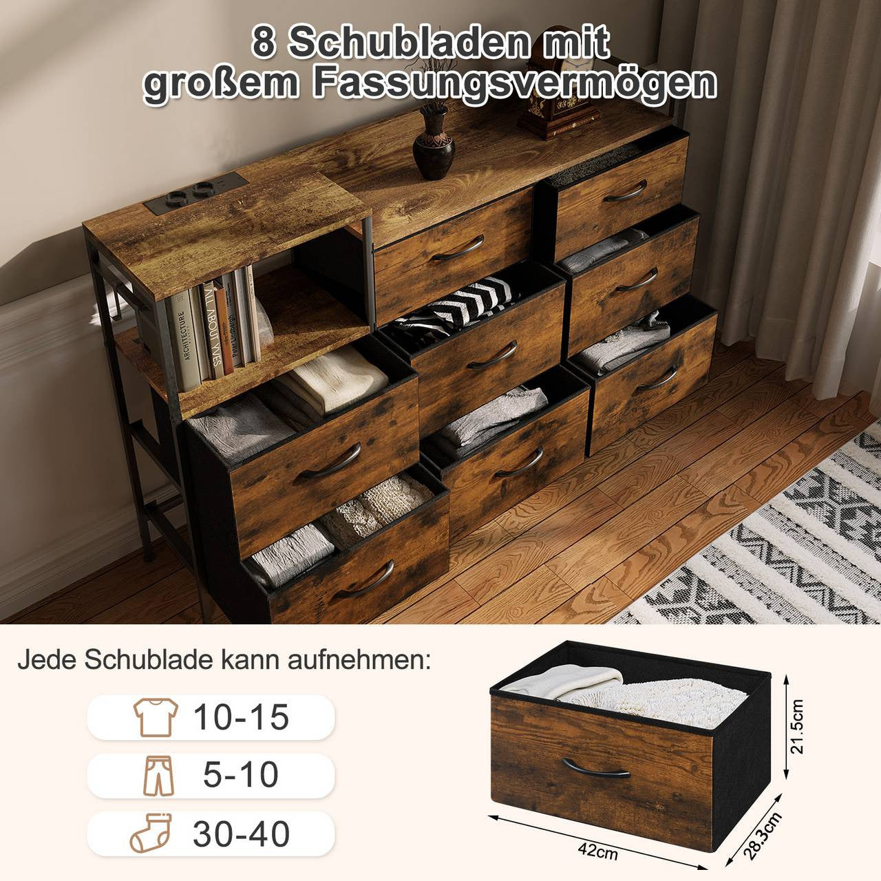 24goodz Vintage Drawer Cabinet with 8 Drawers - Versatile Storage Solutions - Durable E1 Wood and Metal - For Living Room or Bedroom - Vintage Wood Look + Black