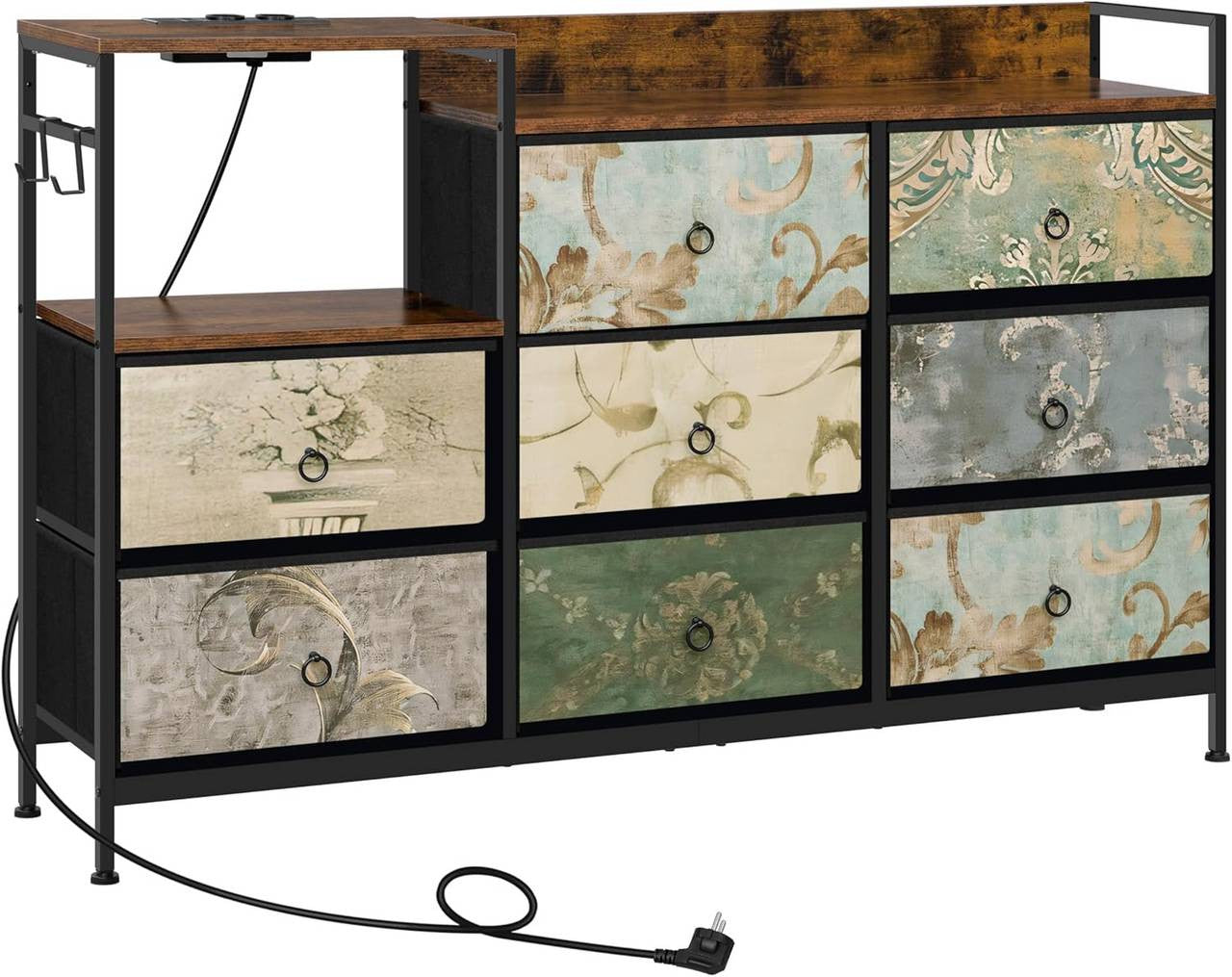 24goodz Vintage Drawer Cabinet with 8 Drawers - Versatile Storage Solutions - Easy Charging Options - E1 Wood and Metal - For Home and Bedroom - Rustic Brown + Black with Vintage Floral Pattern