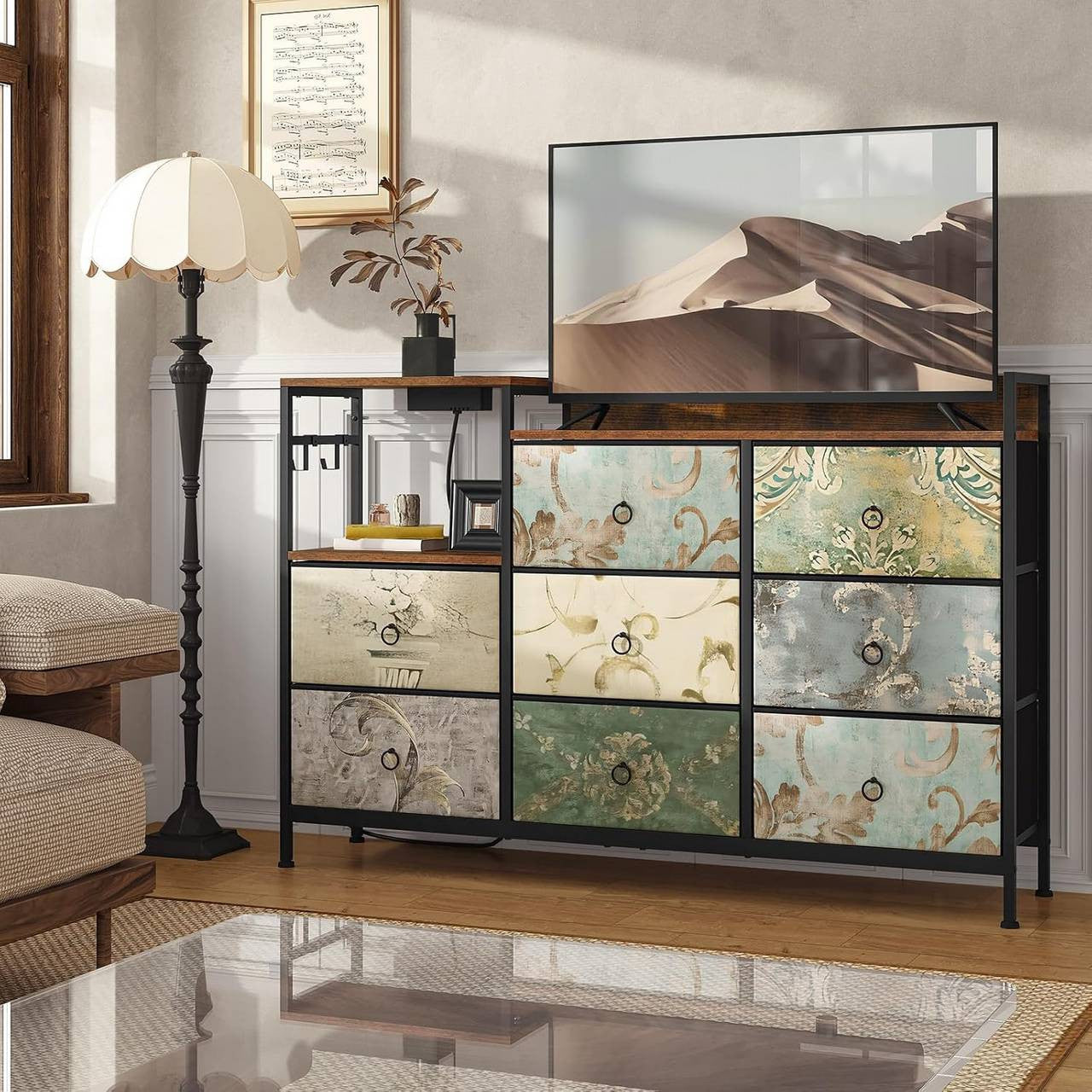 24goodz Vintage Drawer Cabinet with 8 Drawers - Versatile Storage Solutions - Easy Charging Options - E1 Wood and Metal - For Home and Bedroom - Rustic Brown + Black with Vintage Floral Pattern