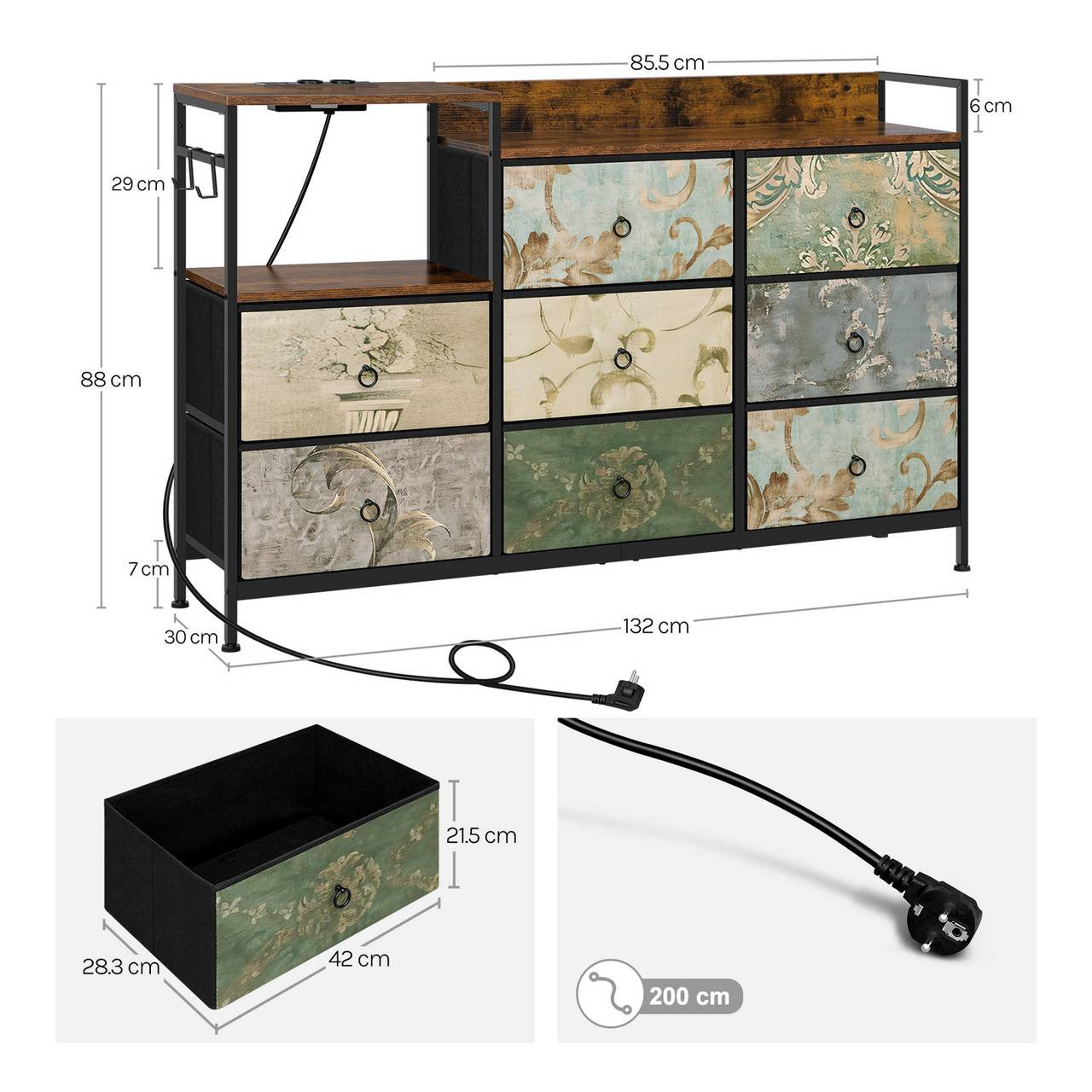 24goodz Vintage Drawer Cabinet with 8 Drawers - Versatile Storage Solutions - Easy Charging Options - E1 Wood and Metal - For Home and Bedroom - Rustic Brown + Black with Vintage Floral Pattern