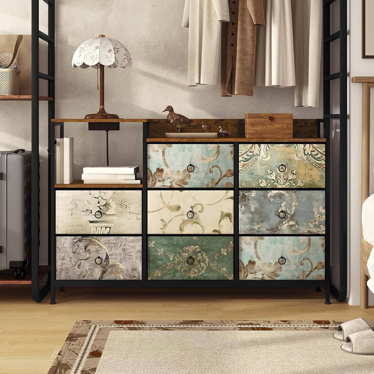 24goodz Vintage Drawer Cabinet with 8 Drawers - Versatile Storage Solutions - Easy Charging Options - E1 Wood and Metal - For Home and Bedroom - Rustic Brown + Black with Vintage Floral Pattern
