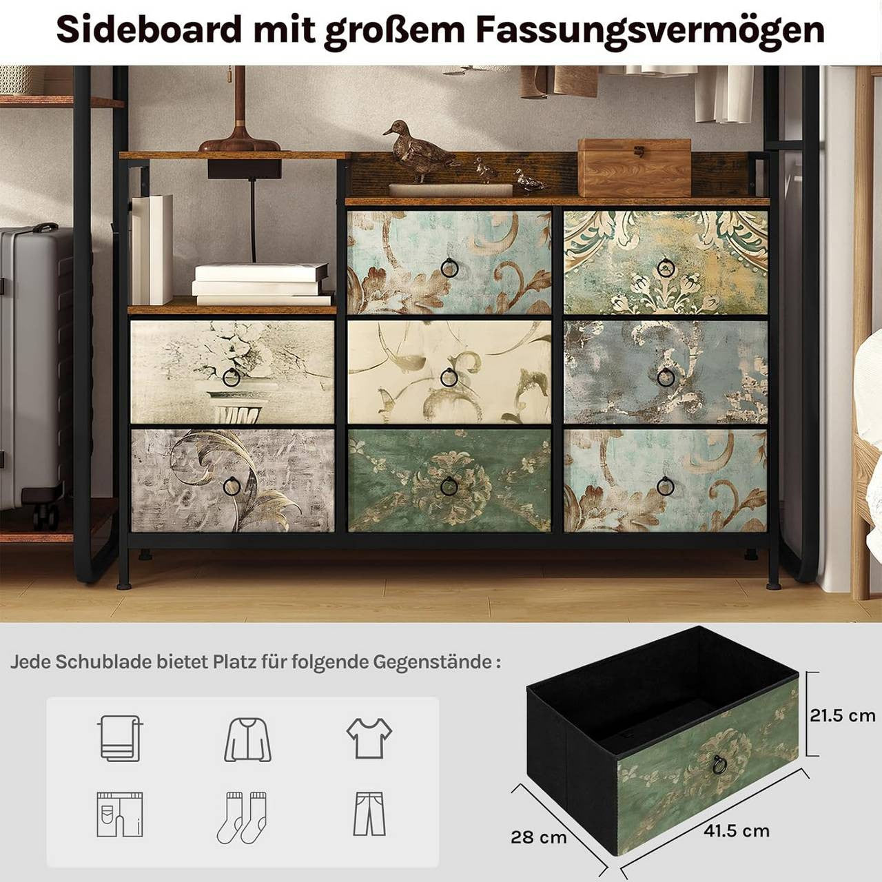 24goodz Vintage Drawer Cabinet with 8 Drawers - Versatile Storage Solutions - Easy Charging Options - E1 Wood and Metal - For Home and Bedroom - Rustic Brown + Black with Vintage Floral Pattern