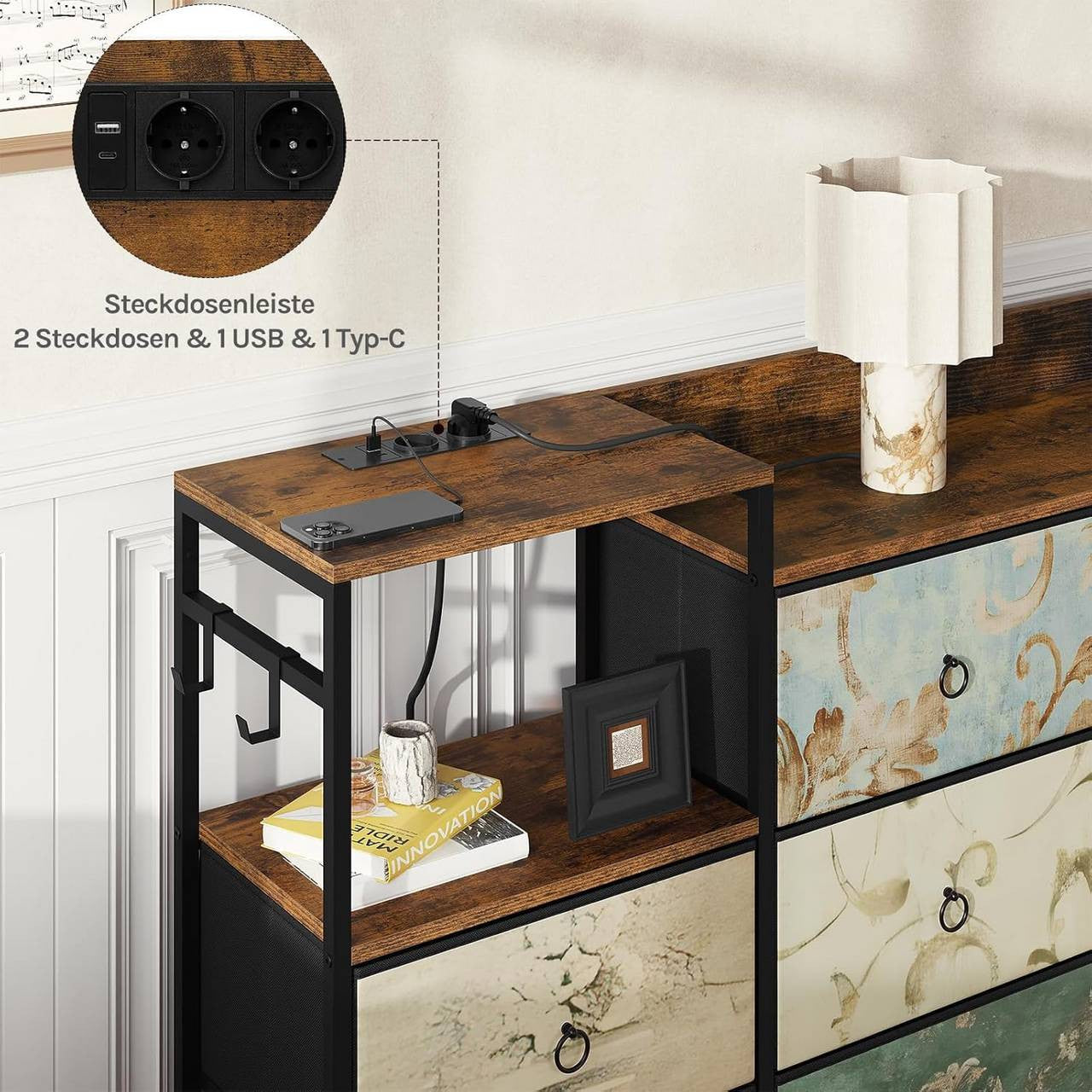 24goodz Vintage Drawer Cabinet with 8 Drawers - Versatile Storage Solutions - Easy Charging Options - E1 Wood and Metal - For Home and Bedroom - Rustic Brown + Black with Vintage Floral Pattern