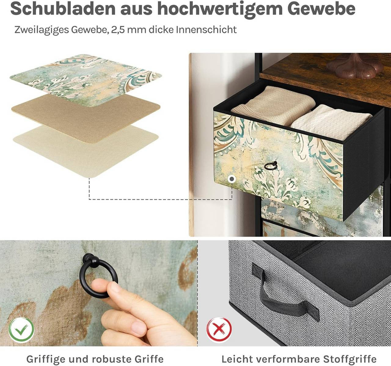 24goodz Vintage Drawer Cabinet with 8 Drawers - Versatile Storage Solutions - Easy Charging Options - E1 Wood and Metal - For Home and Bedroom - Rustic Brown + Black with Vintage Floral Pattern