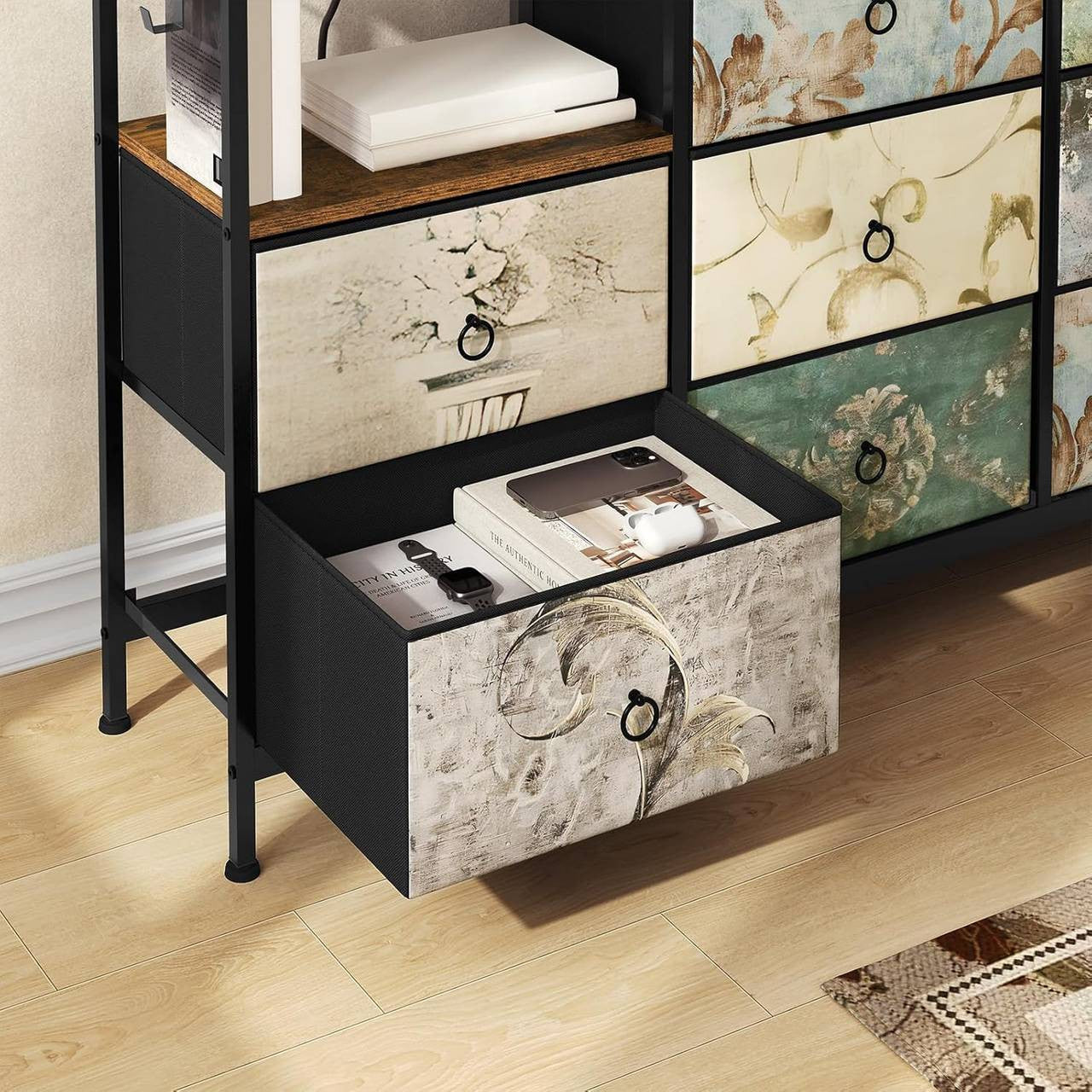 24goodz Vintage Drawer Cabinet with 8 Drawers - Versatile Storage Solutions - Easy Charging Options - E1 Wood and Metal - For Home and Bedroom - Rustic Brown + Black with Vintage Floral Pattern