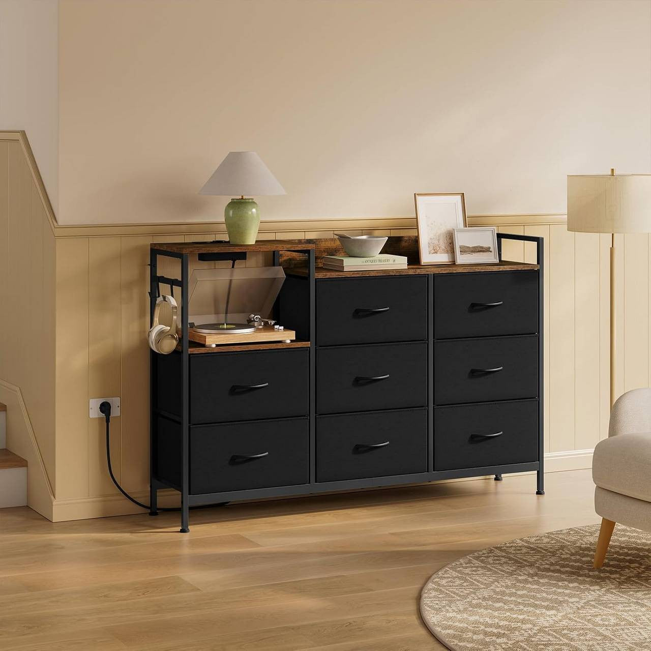 24goodz 8-Drawer Storage Cabinet - Versatile Storage Solutions - E1 Wood Material - For Home Organization - Rustic Brown + Black