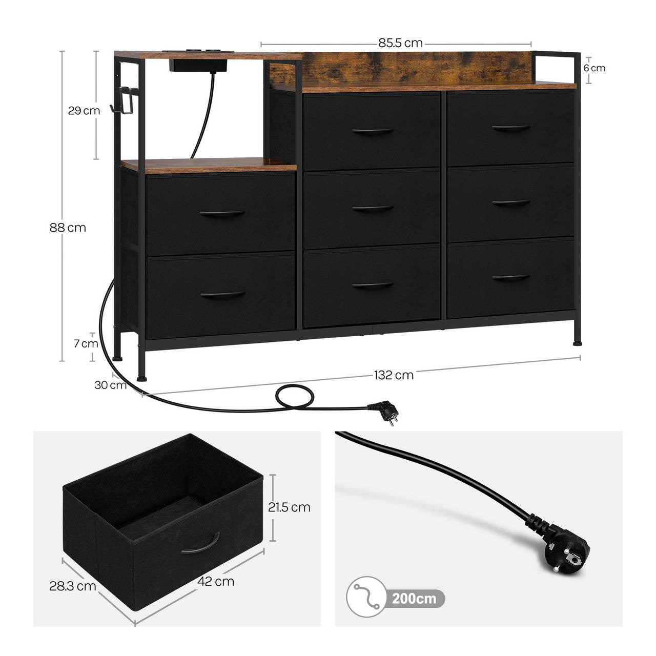 24goodz 8-Drawer Storage Cabinet - Versatile Storage Solutions - E1 Wood Material - For Home Organization - Rustic Brown + Black