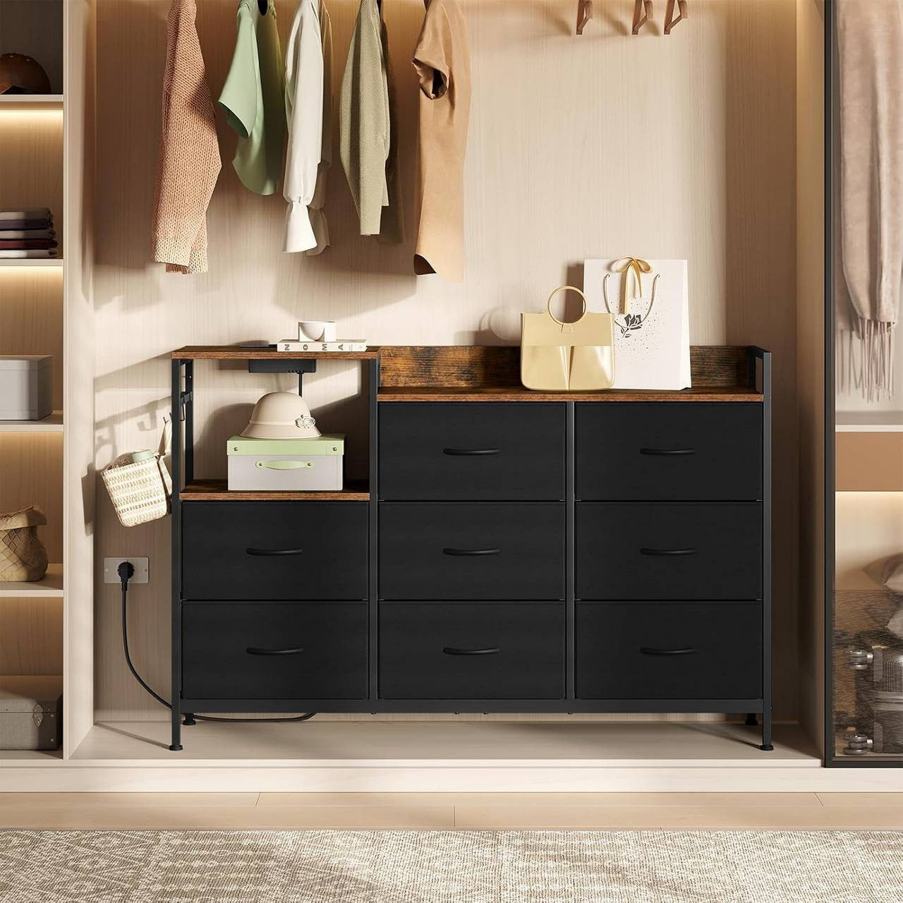 24goodz 8-Drawer Storage Cabinet - Versatile Storage Solutions - E1 Wood Material - For Home Organization - Rustic Brown + Black