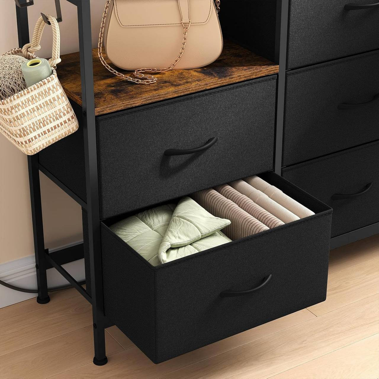 24goodz 8-Drawer Storage Cabinet - Versatile Storage Solutions - E1 Wood Material - For Home Organization - Rustic Brown + Black