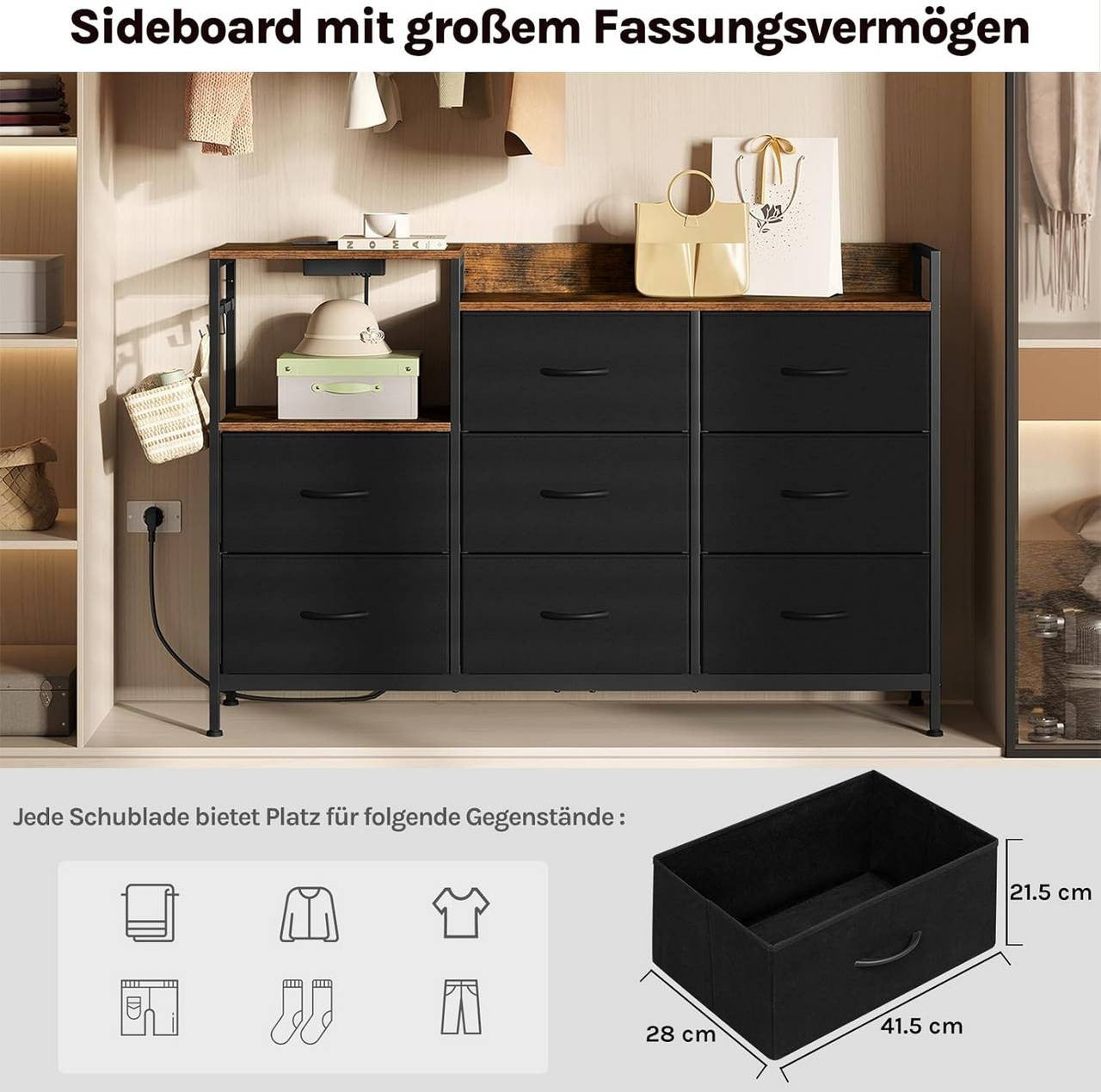 24goodz 8-Drawer Storage Cabinet - Versatile Storage Solutions - E1 Wood Material - For Home Organization - Rustic Brown + Black