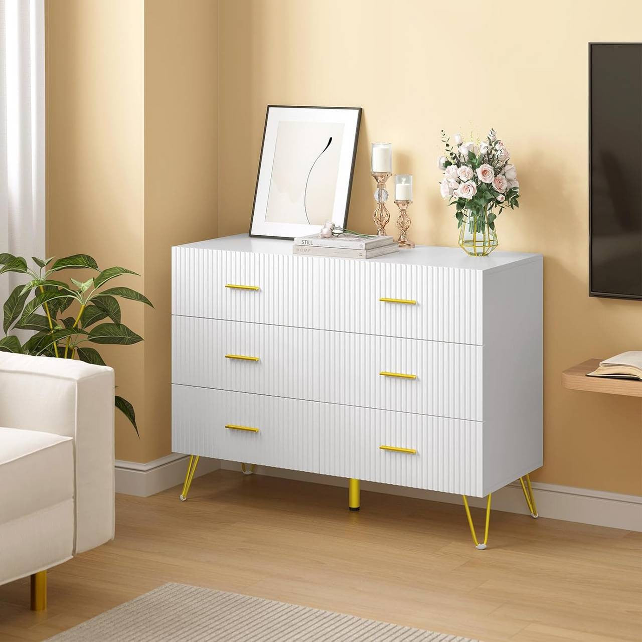 24goodz Elegant 6-Drawer Chest - Ample Storage Space - Sturdy and Durable - E1 Wood with Melamine - White + Gold - 100x75x40 cm