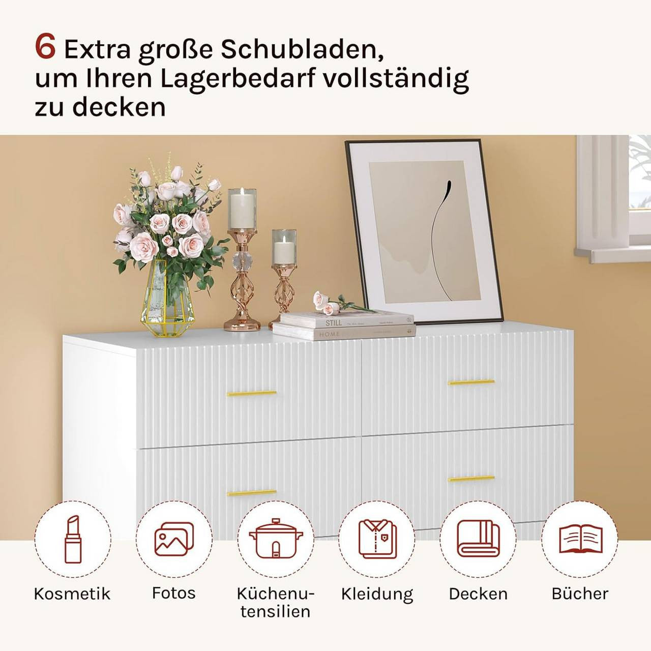24goodz Elegant 6-Drawer Chest - Ample Storage Space - Sturdy and Durable - E1 Wood with Melamine - White + Gold - 100x75x40 cm
