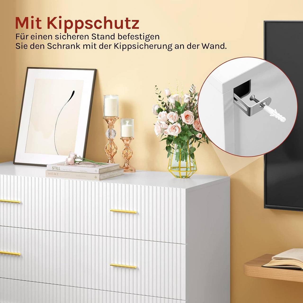 24goodz Elegant 6-Drawer Chest - Ample Storage Space - Sturdy and Durable - E1 Wood with Melamine - White + Gold - 100x75x40 cm