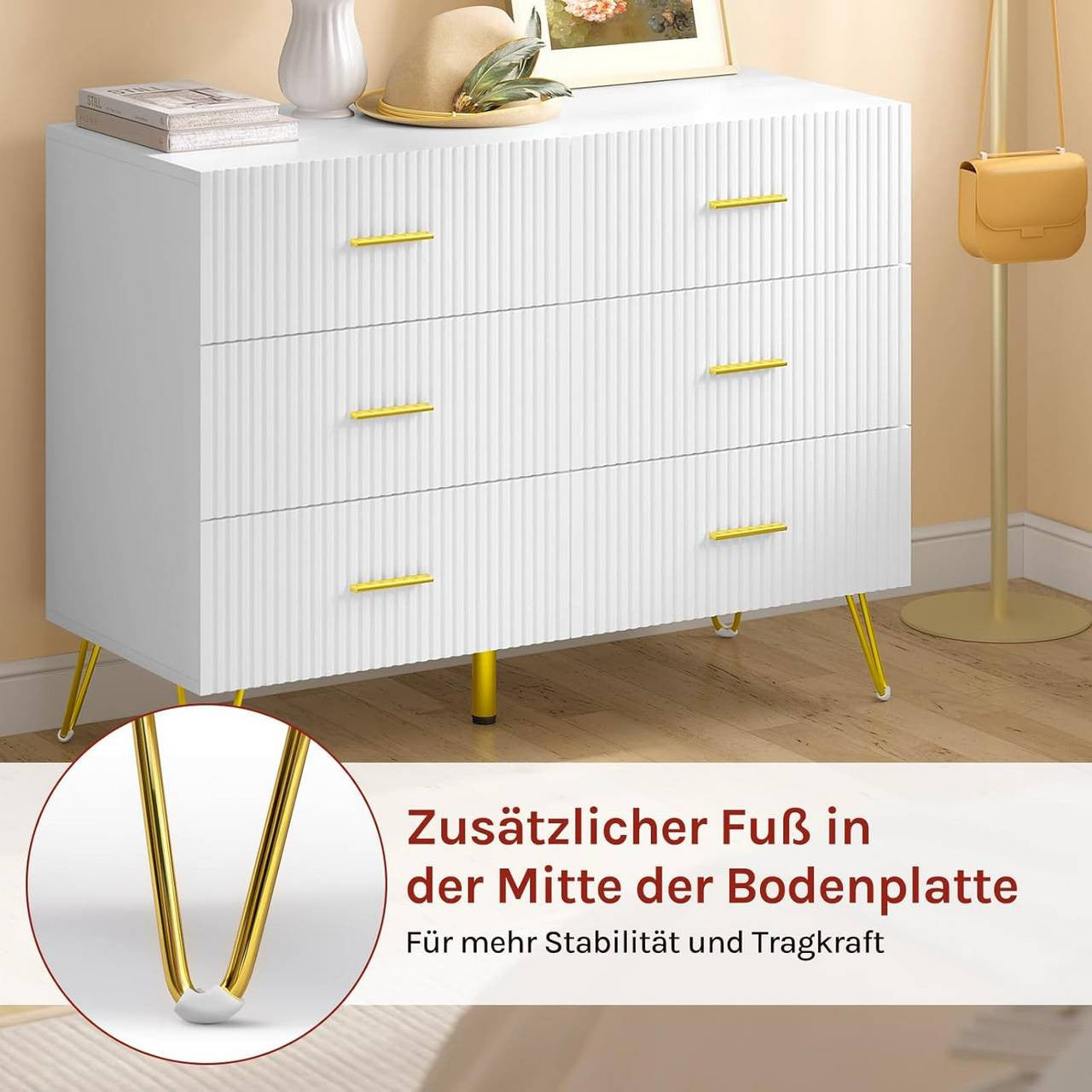 24goodz Elegant 6-Drawer Chest - Ample Storage Space - Sturdy and Durable - E1 Wood with Melamine - White + Gold - 100x75x40 cm