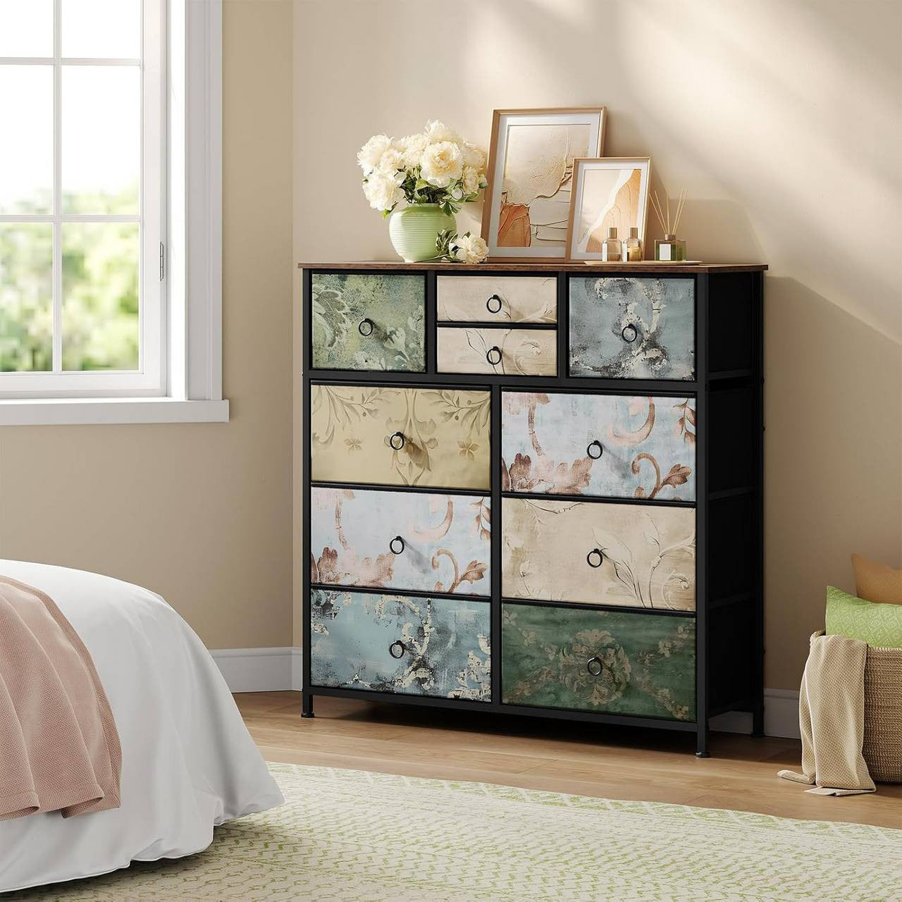 24goodz Vintage Floral Storage Cabinet - Unique Chic Design - Metal and Wood - For Every Room - Rustic Brown + Black