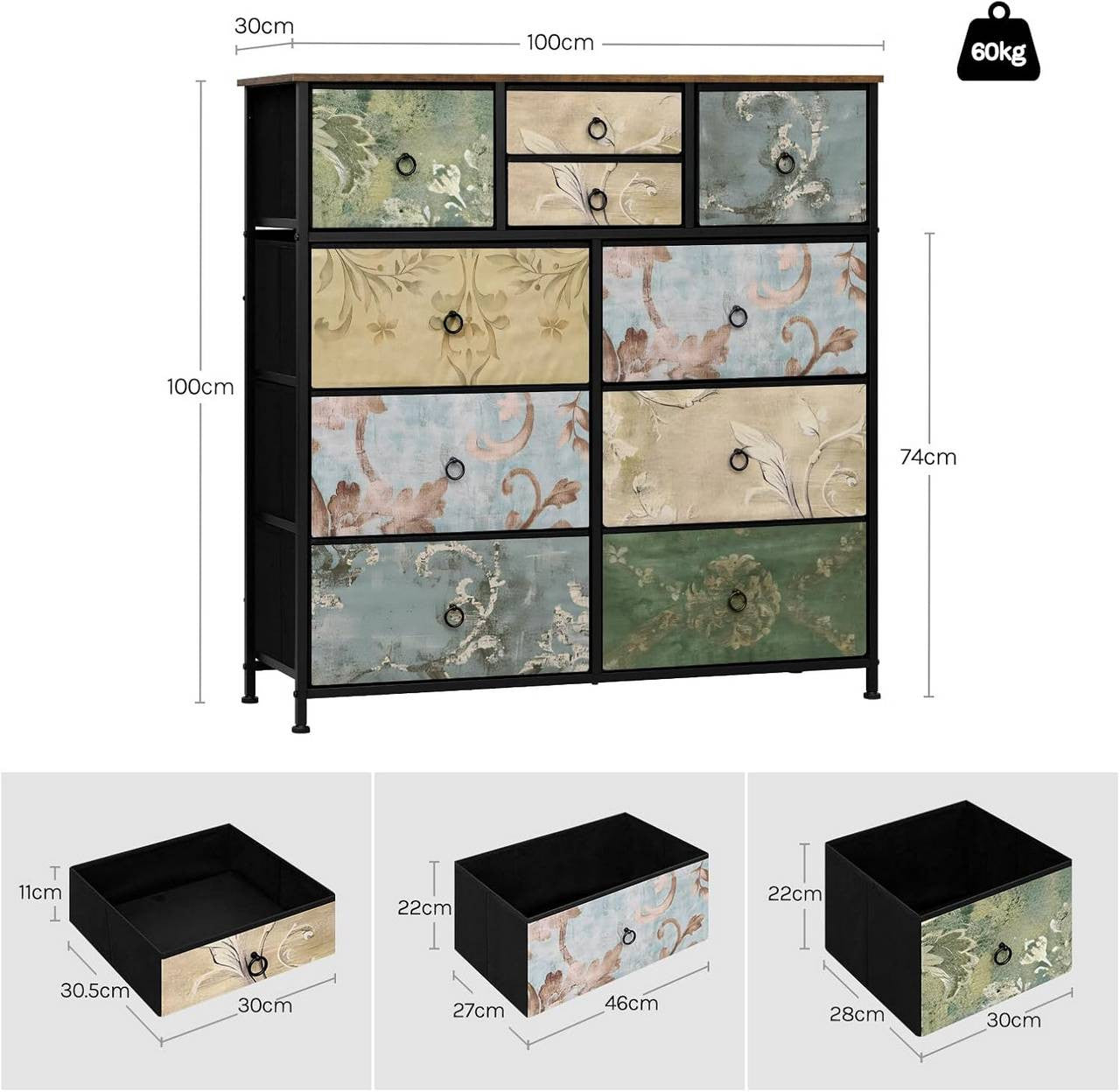 24goodz Vintage Floral Storage Cabinet - Unique Chic Design - Metal and Wood - For Every Room - Rustic Brown + Black