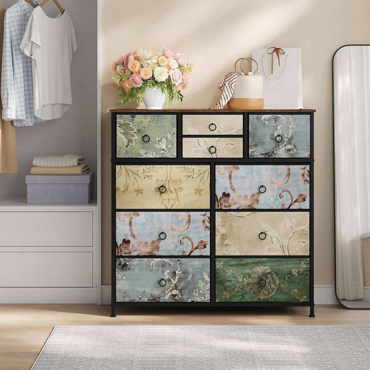 24goodz Vintage Floral Storage Cabinet - Unique Chic Design - Metal and Wood - For Every Room - Rustic Brown + Black