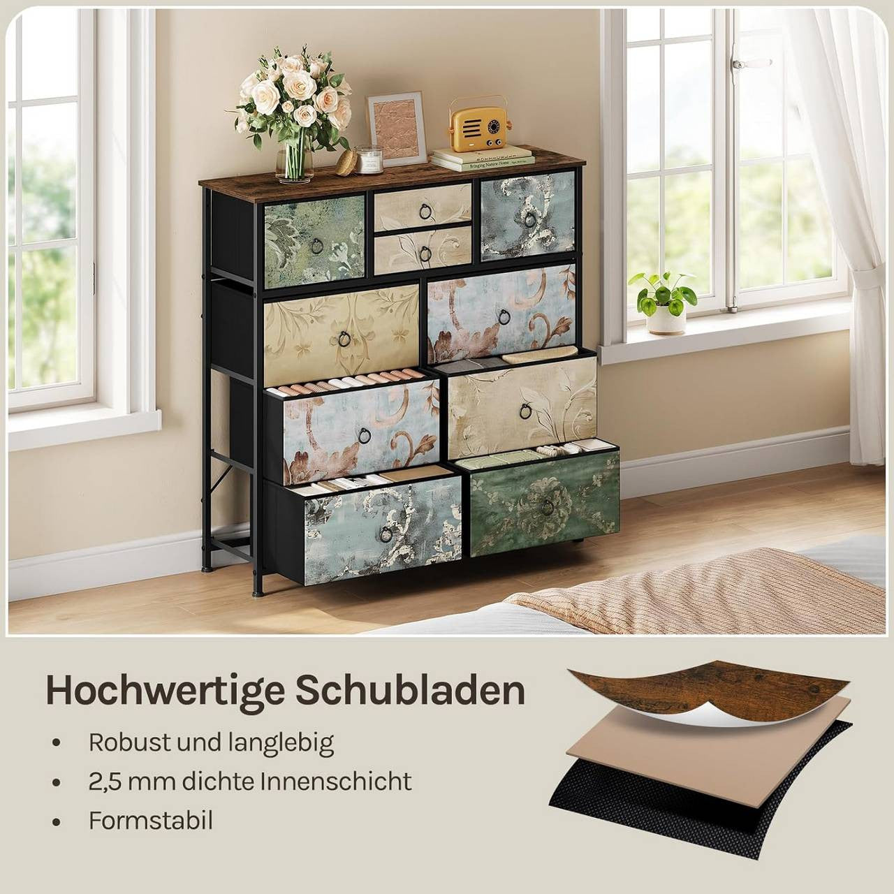 24goodz Vintage Floral Storage Cabinet - Unique Chic Design - Metal and Wood - For Every Room - Rustic Brown + Black