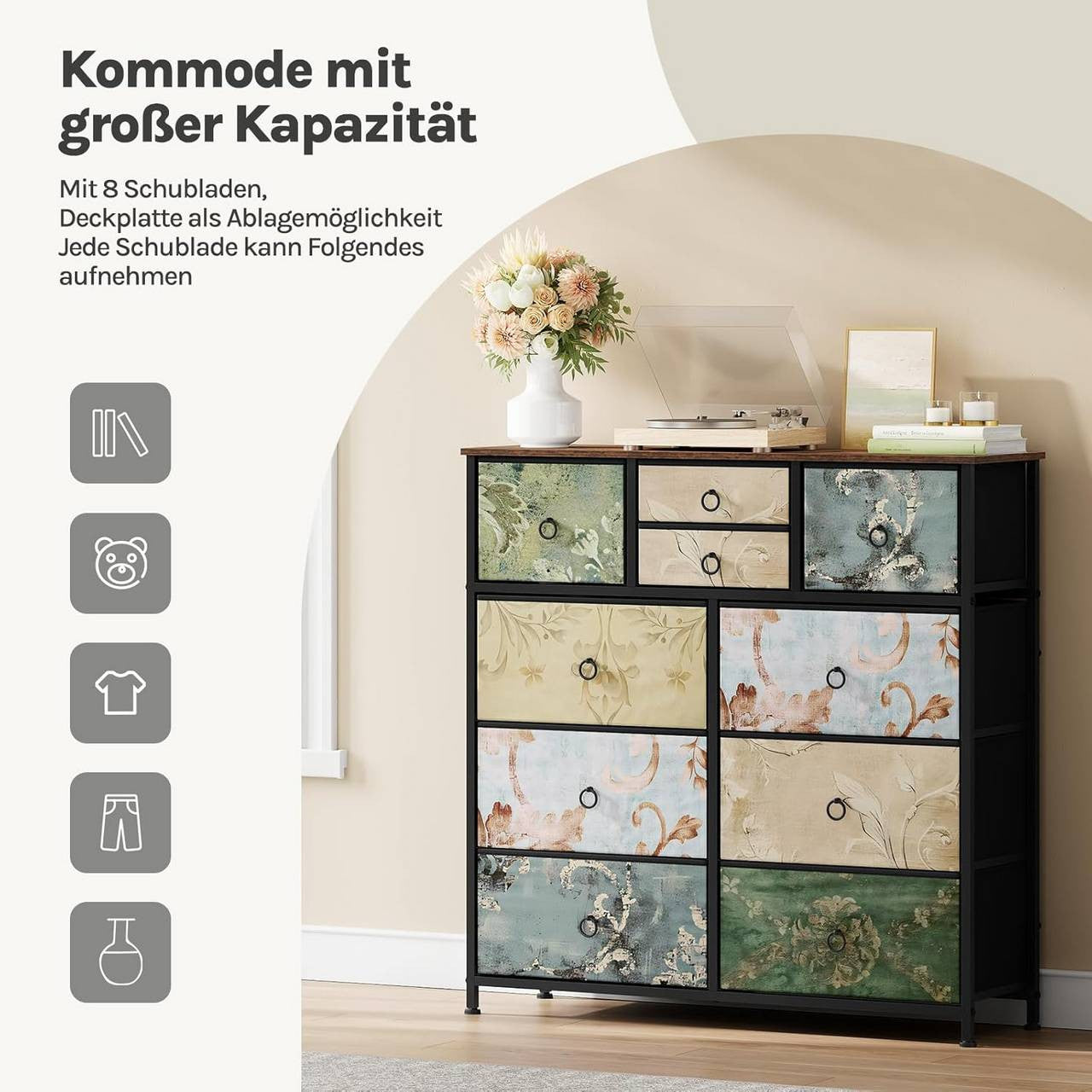 24goodz Vintage Floral Storage Cabinet - Unique Chic Design - Metal and Wood - For Every Room - Rustic Brown + Black