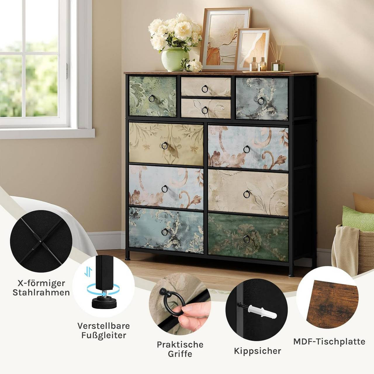 24goodz Vintage Floral Storage Cabinet - Unique Chic Design - Metal and Wood - For Every Room - Rustic Brown + Black