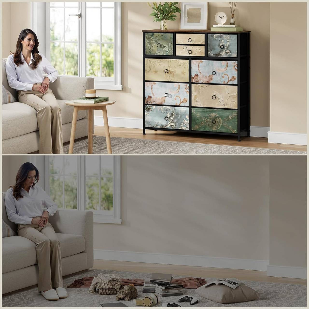 24goodz Vintage Floral Storage Cabinet - Unique Chic Design - Metal and Wood - For Every Room - Rustic Brown + Black